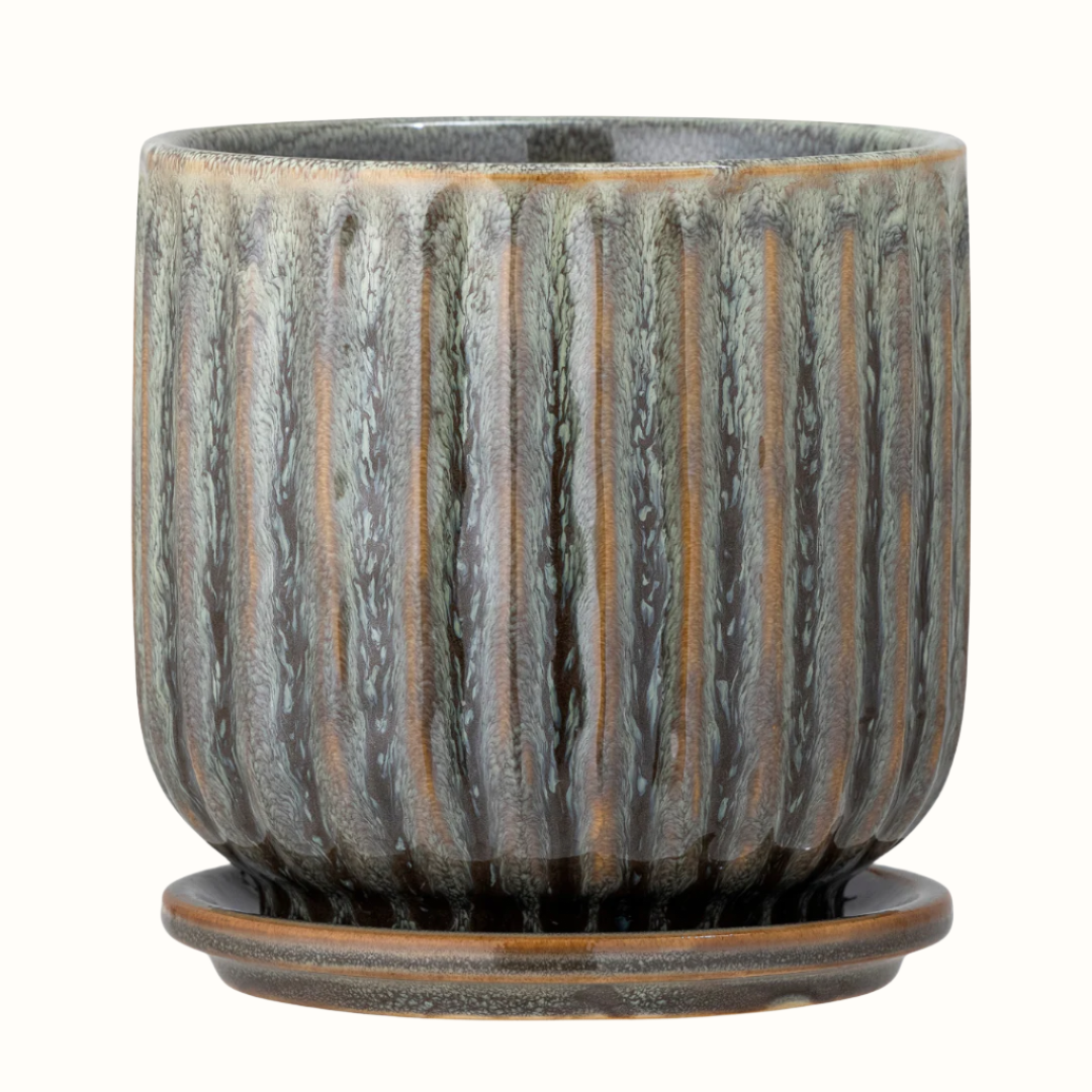 Drago Large Glazed Green Flowerpot with Saucer