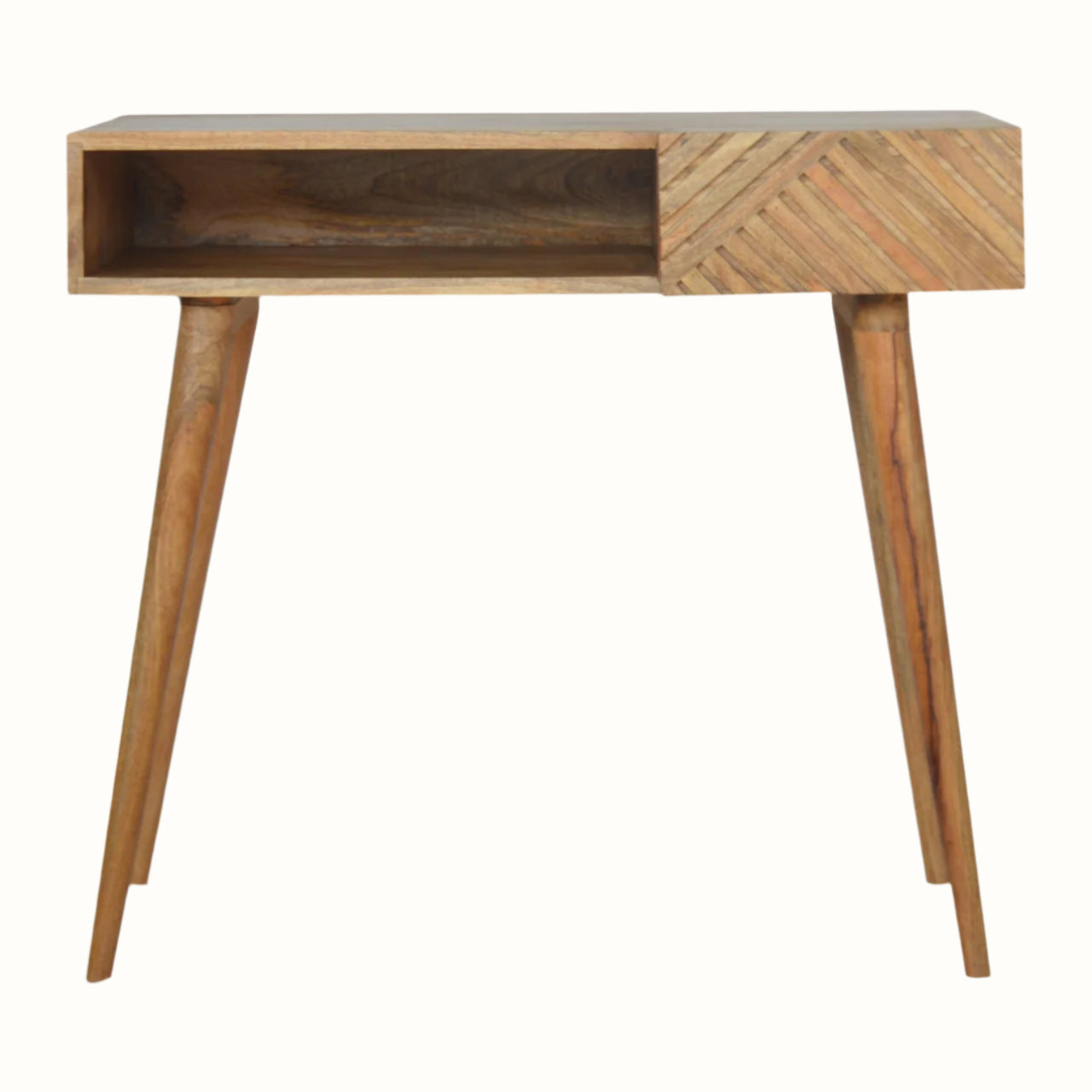 Scandinavian wooden desk in light brown finish, with storage.