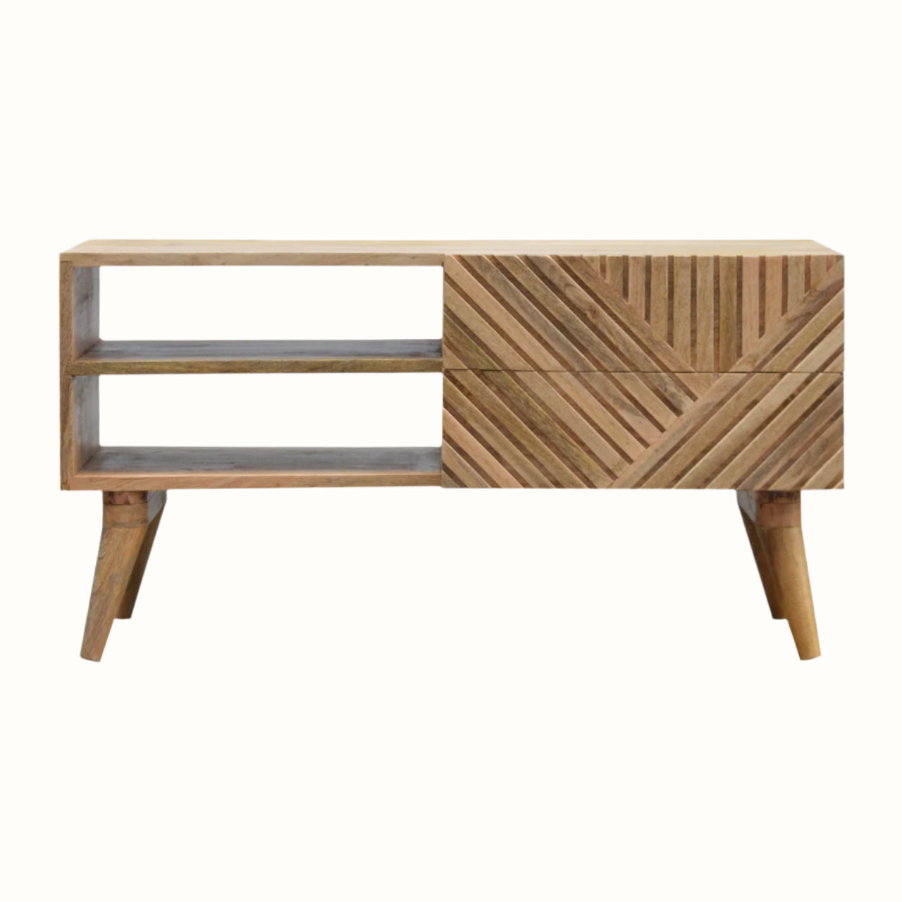 Contempory solid wood TV stand in a light brown finish.