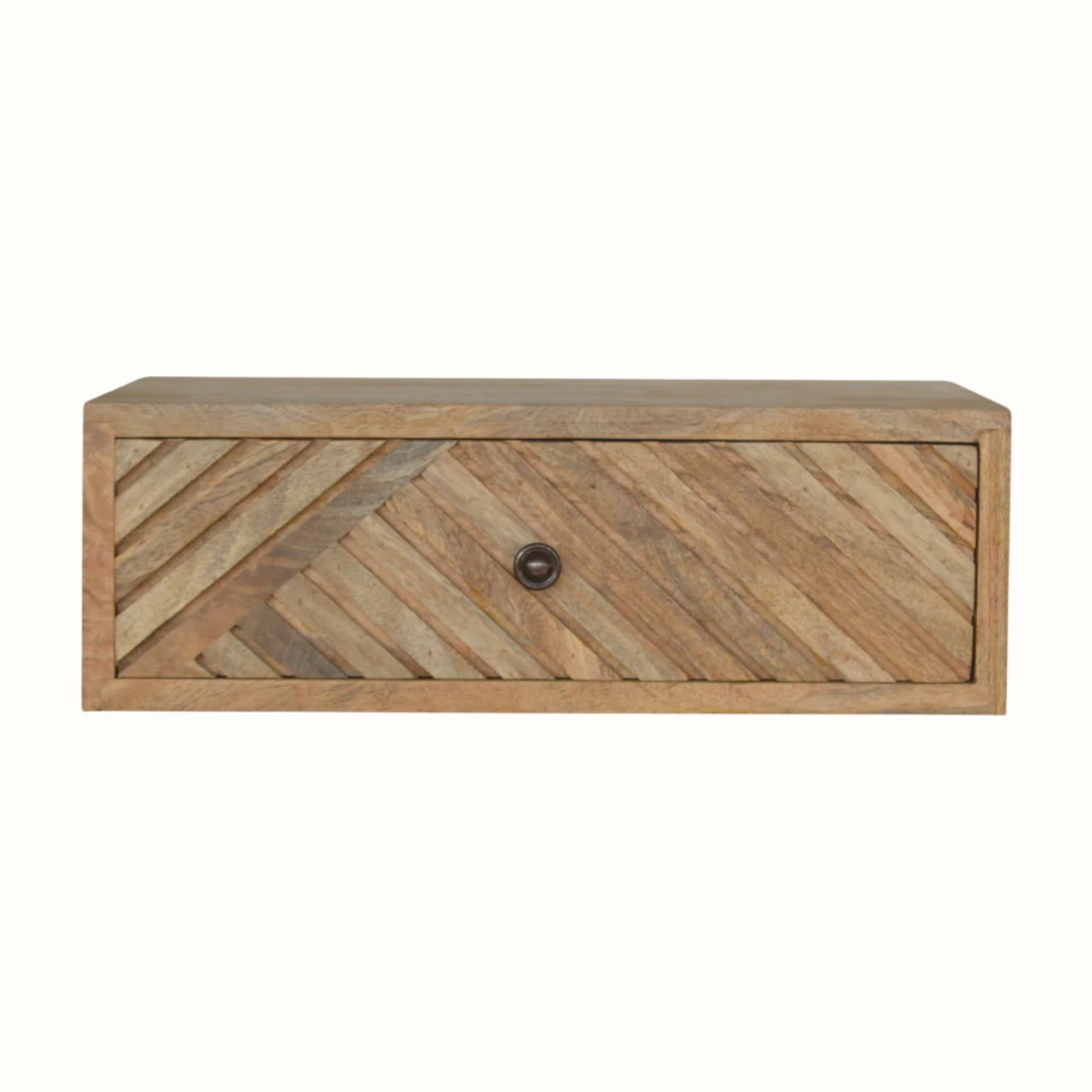 Floating bedside table, with line carved pattern made from solid wood in a natural finish.