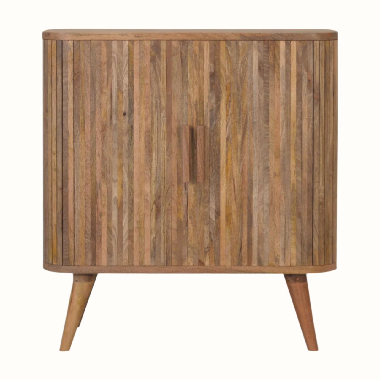 Striped wooden cabinet in a light brown finish.