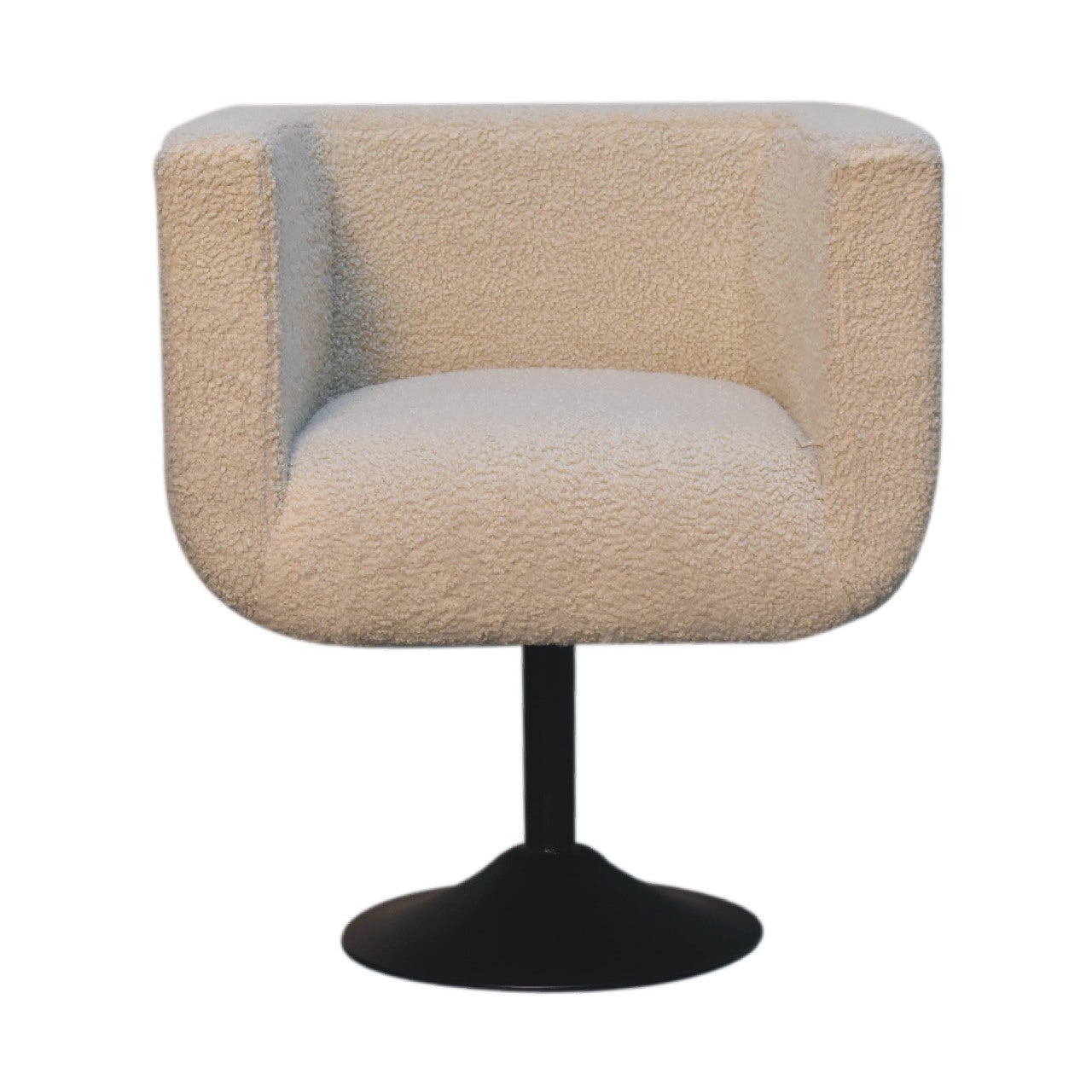 Modern chair upholstered in a cream fabric, with a black swivel base.