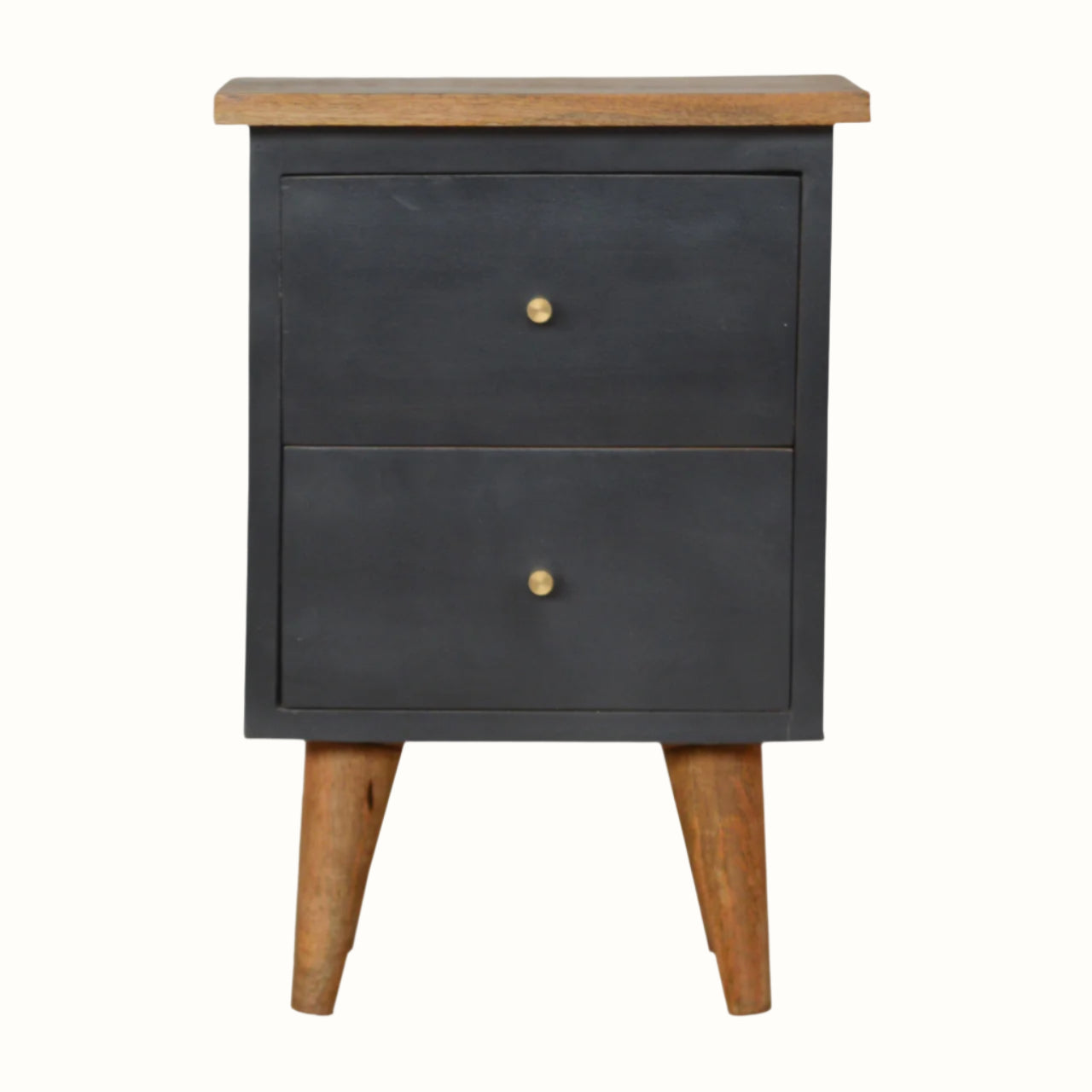 Small nightstand with two drawers, dark finish, and wooden legs on a white background