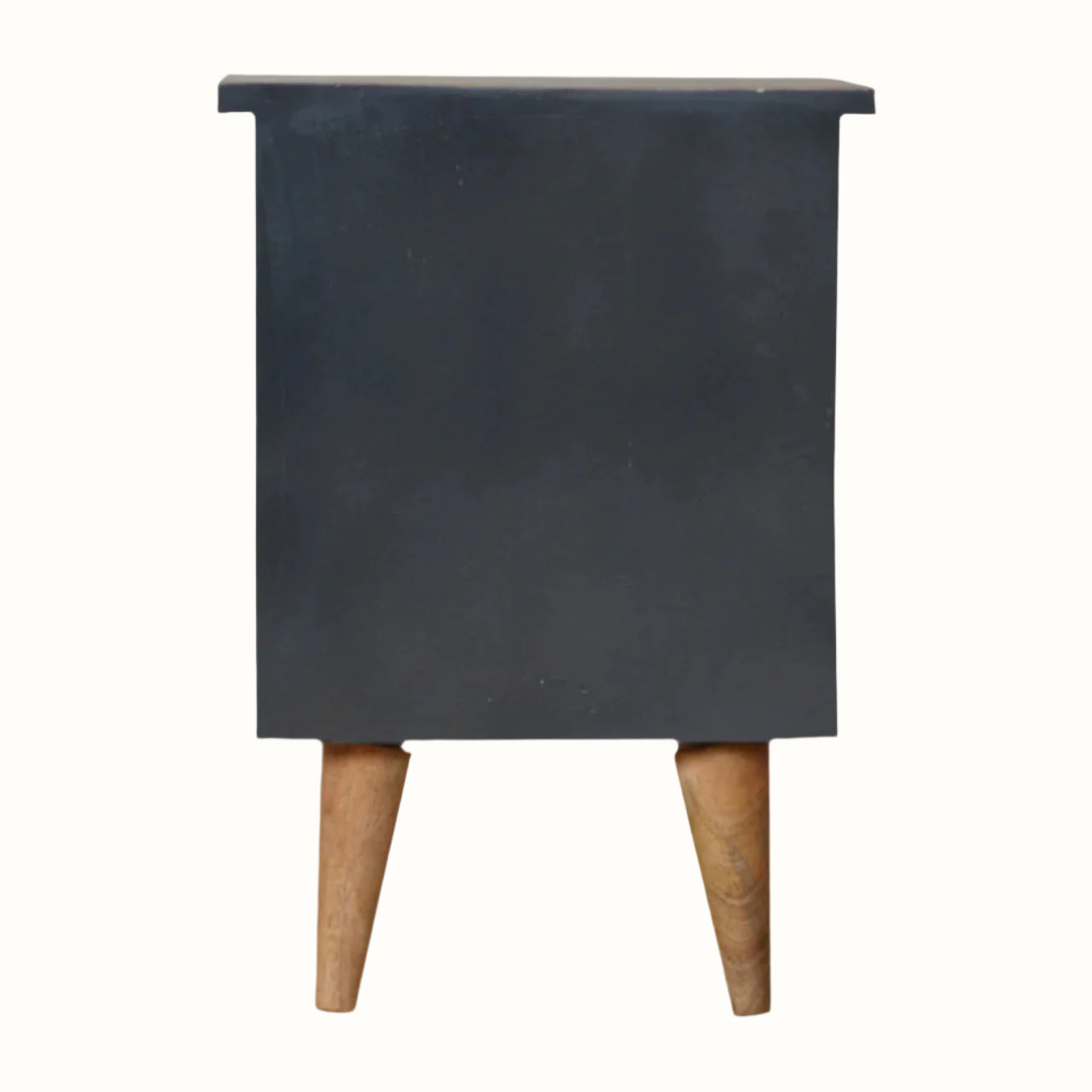 Small black cabinet with wooden legs on a white background