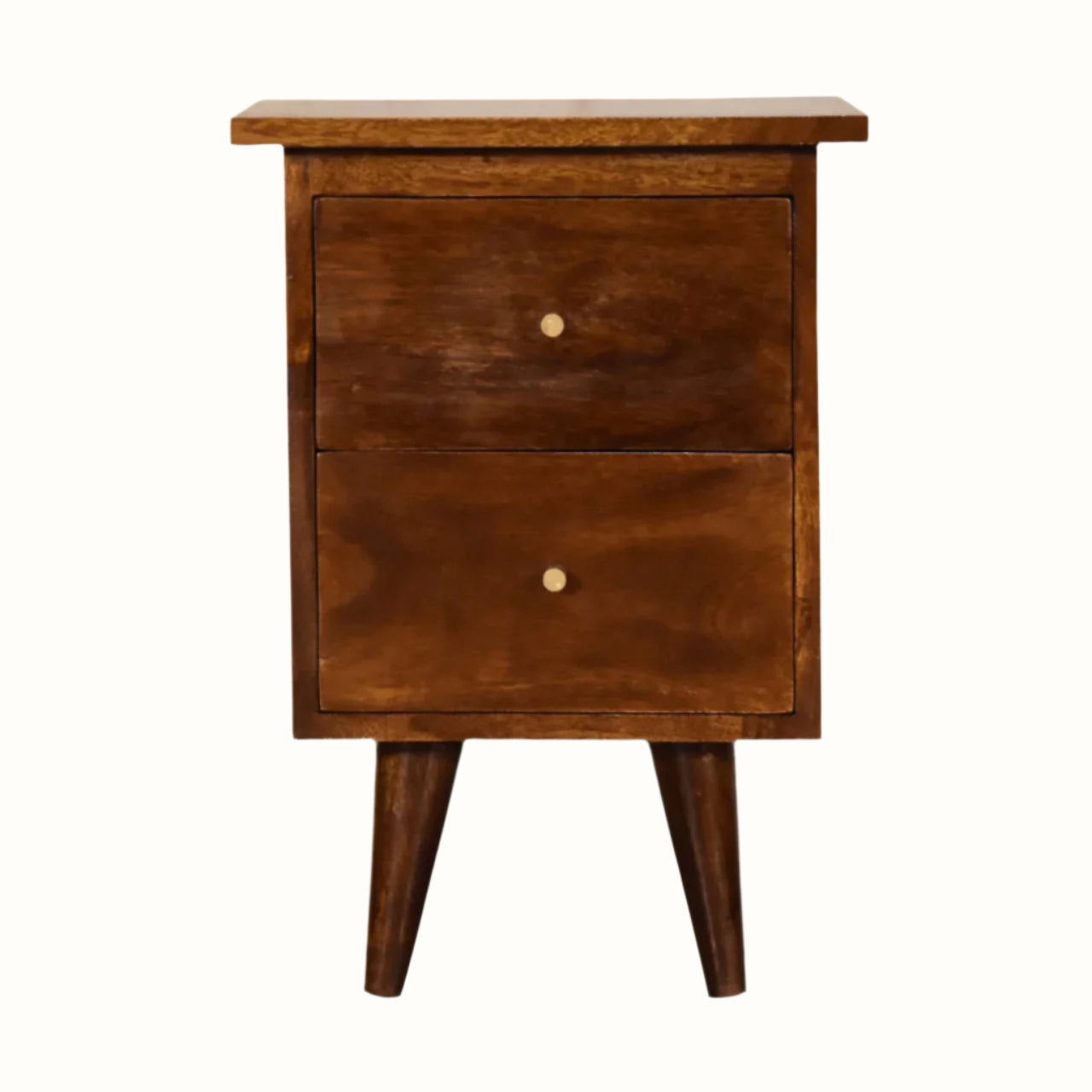 Rectangle bedside table made from mango wood in a dark brown stain, with 2 storage drawers and brass metal hardware.