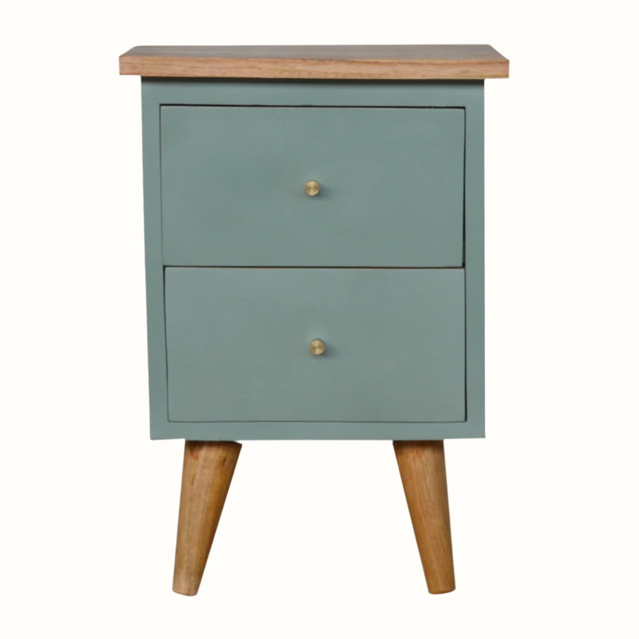 Small green bedside with two drawers and wooden legs on a white background
