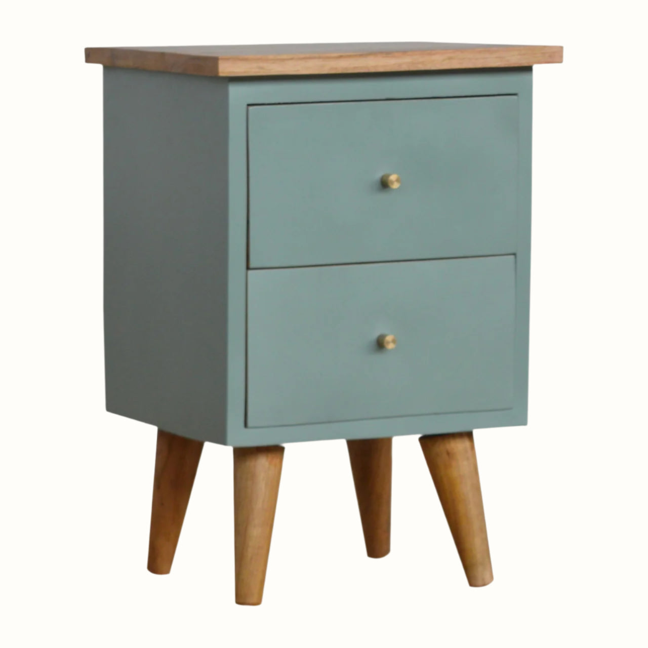 Green nightstand with wooden top and legs on a white background