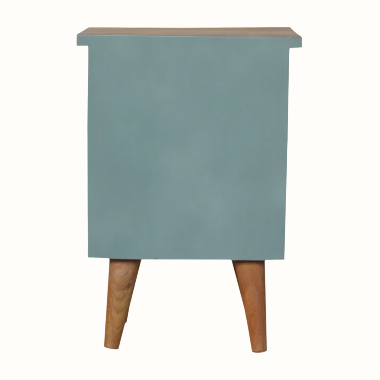 Small wooden cabinet with a light blue body and brown legs on a white background