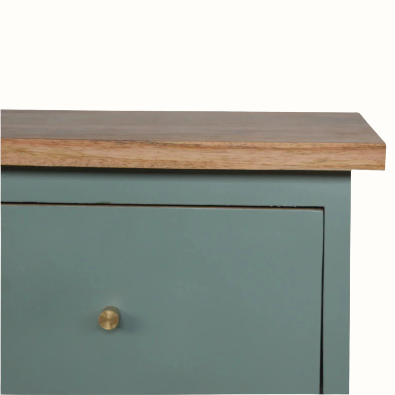 Green cabinet with wooden top and brass handle on a white background