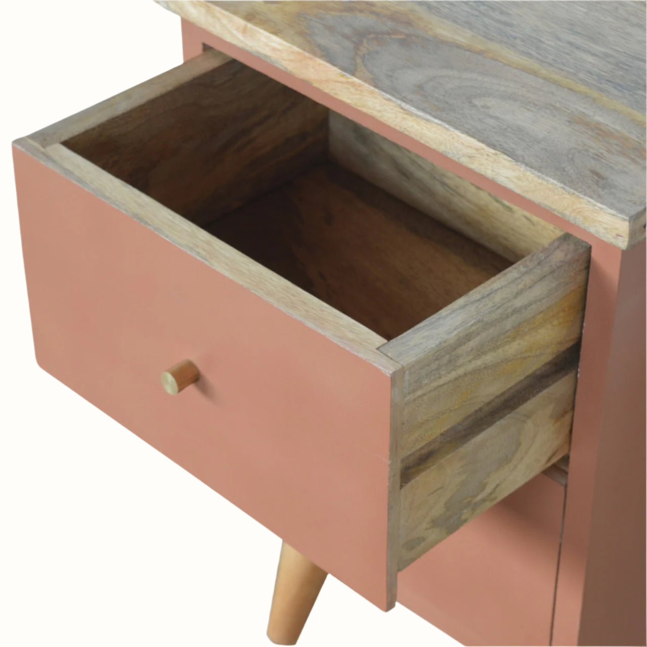 Wooden drawer open on a white background