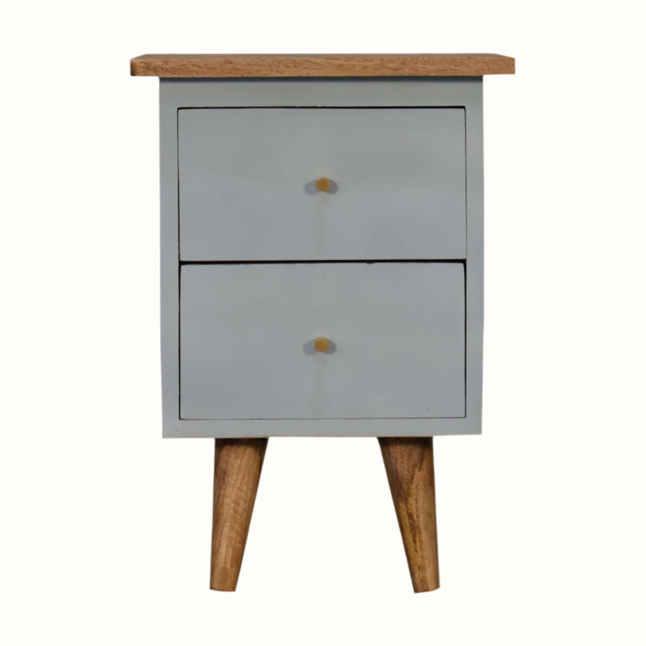 Small cabinet with two drawers and a wooden top on a white background