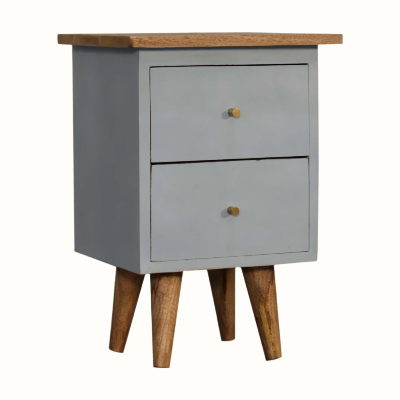 Small light blue cabinet with wooden legs and top on a white background
