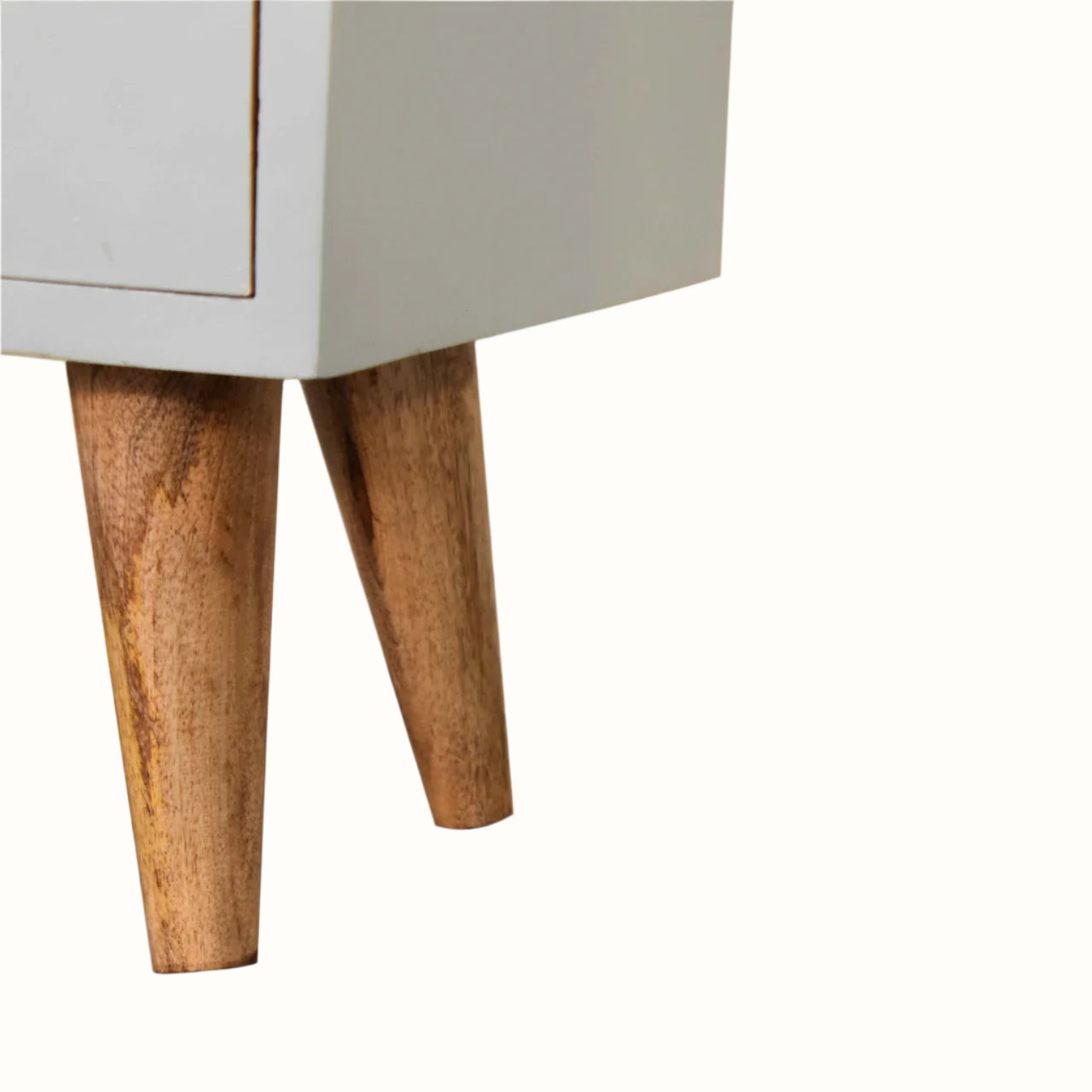 Close-up of a piece of furniture with wooden legs on a white background