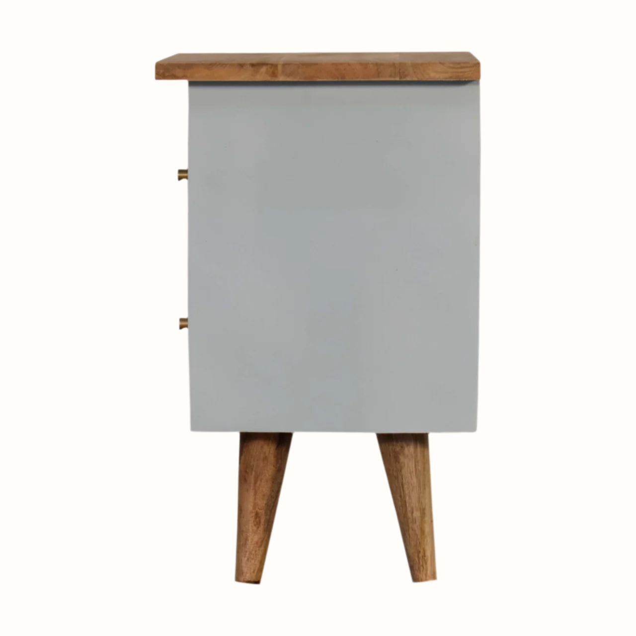 Small cabinet with a blue door and wooden top and legs on a white background