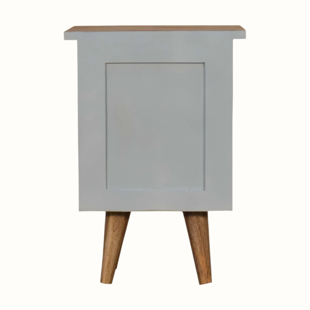 Small bedside table with light blue body and wooden legs and top on a white background