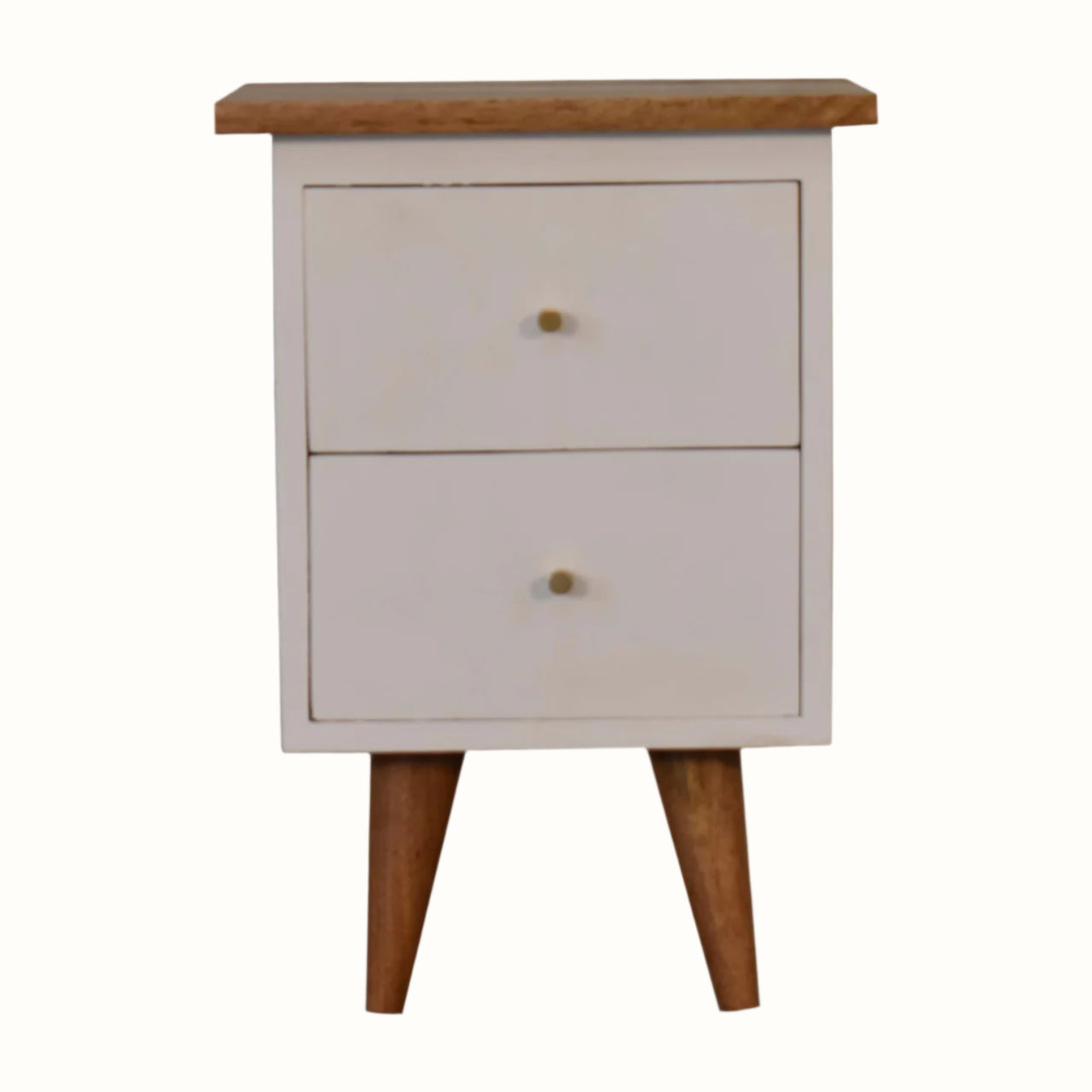 Wooden nightstand with two drawers on a white background