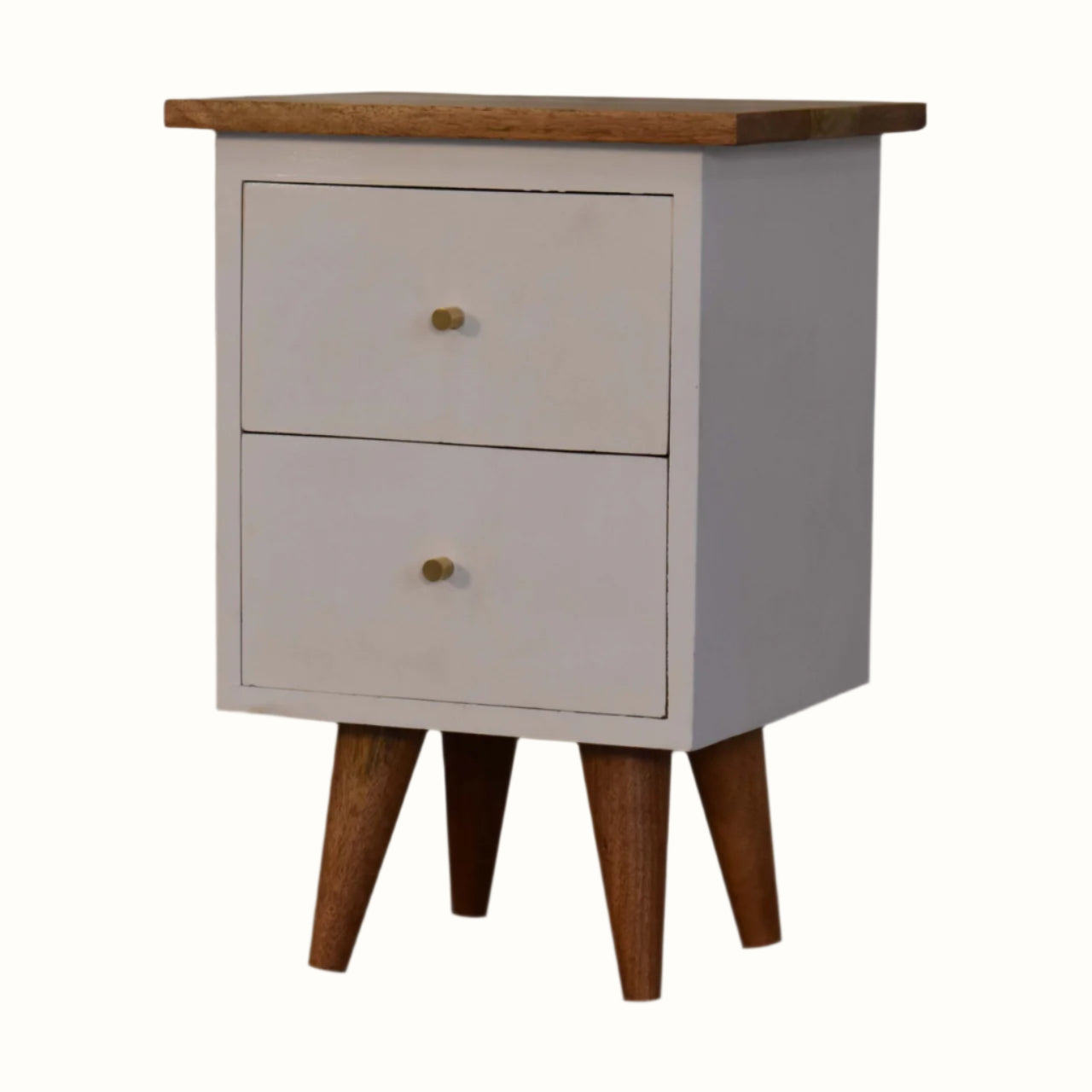 Small bedside table with two drawers and a wooden top on a white background