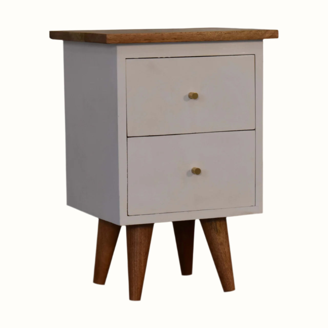 Small bedside table with two drawers and a wooden top on a white background