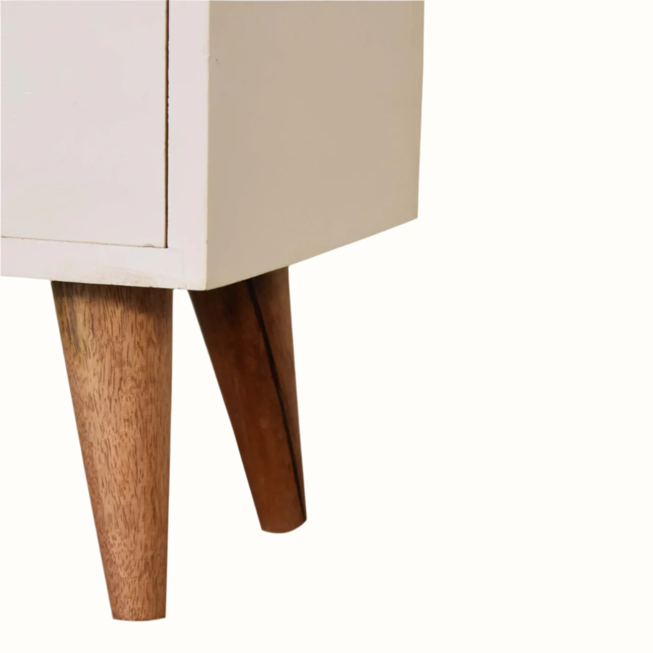 Close-up of a piece of furniture with wooden legs on a white background
