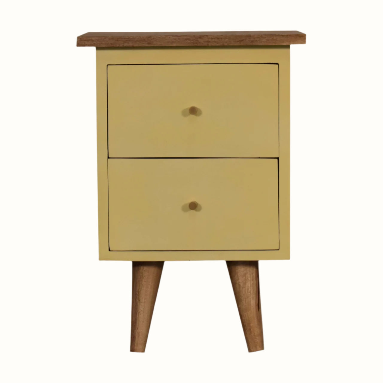 Hand painted wooden bedside table in a yellow finish, with 2 storage drawers, brass hardware and scandi-style legs.