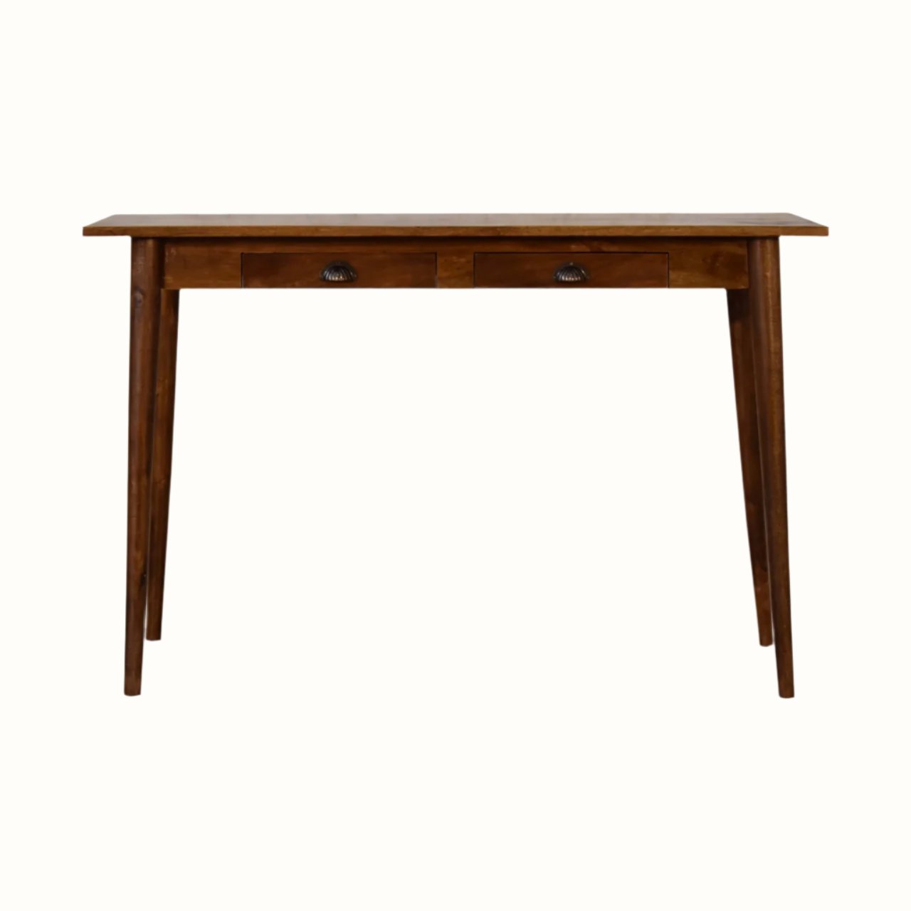 Scandinavian style writing desk with 2 drawers, made from mango wood in a dark brown chestnut finish, with brass hardware.