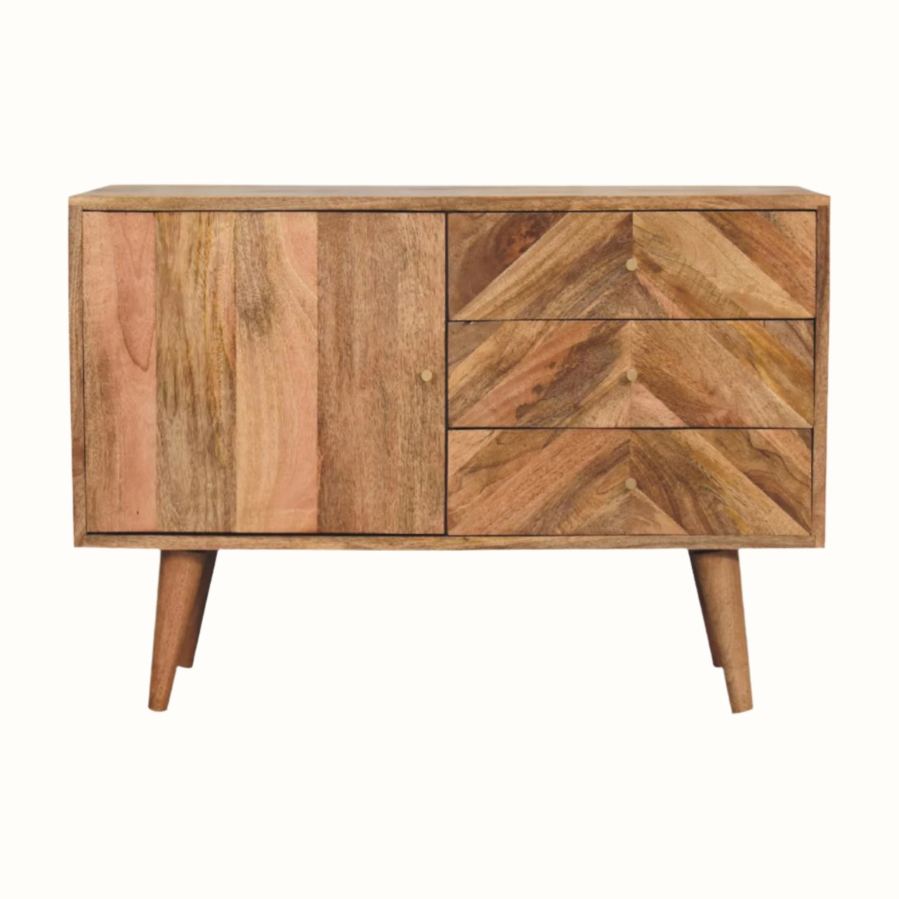 Nordic mango wood sideboard with cupboard and three storage drawers, in a natural finish.