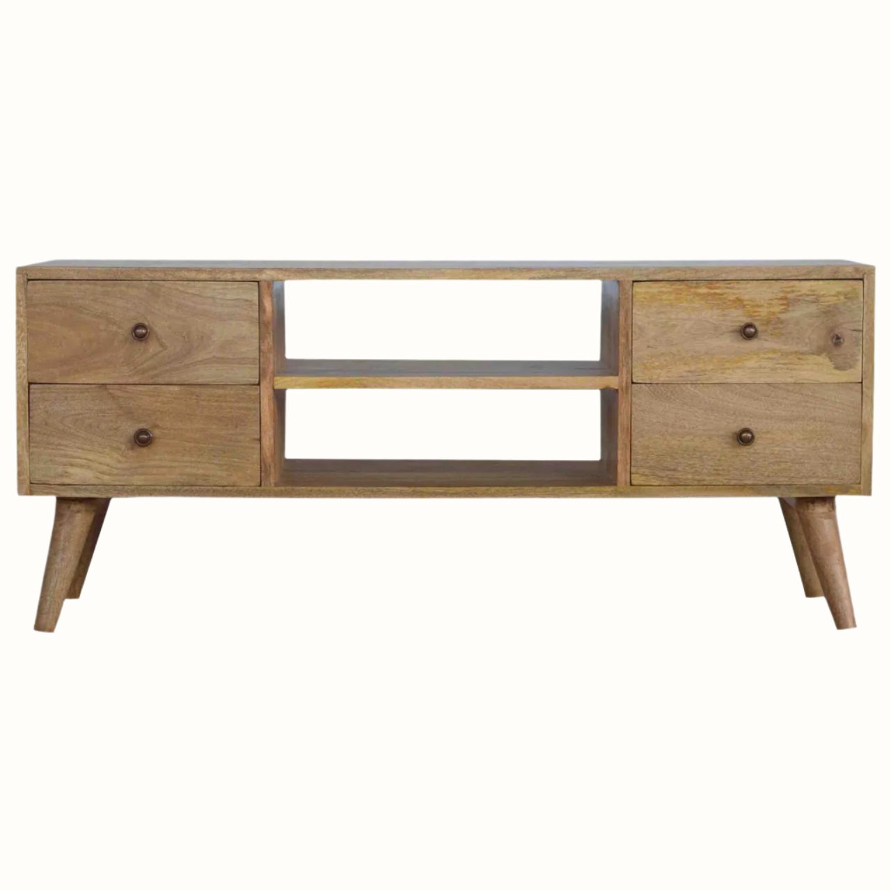 A natural wood TV stand with four drawers and two open slot shelves, featuring brass knobs and short tapered legs.