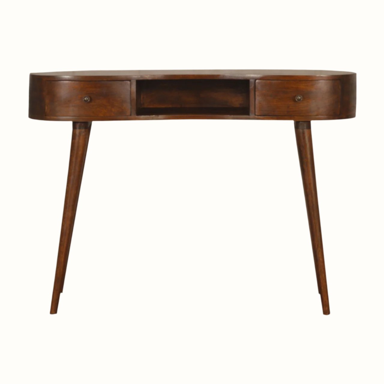 A large chestnut-colored writing desk with an open slot shelf and two drawers, featuring a brass knob and four tapered legs.