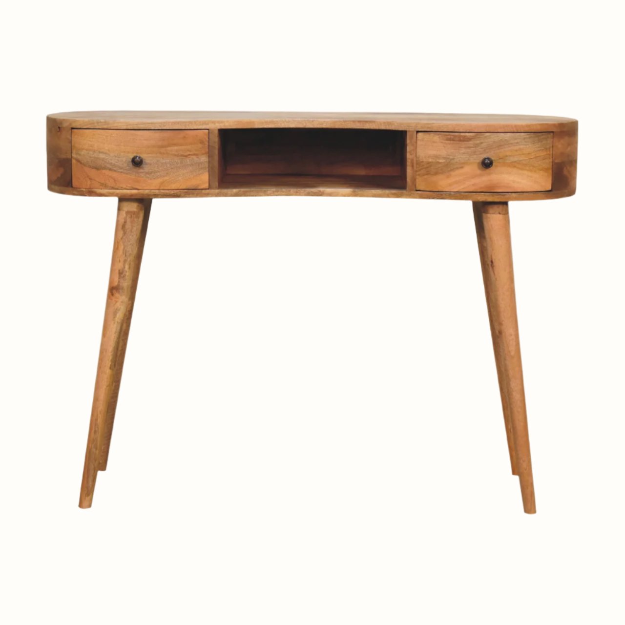 A large, natural finish mango wood writing desk with an open slot shelf and two drawers, featuring a brass knob and four tapered legs.