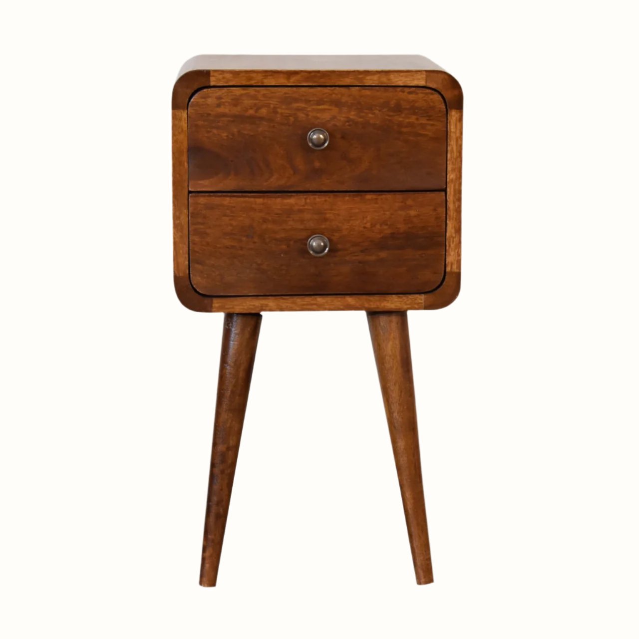 A small chestnut-colored bedside table with two drawers and four Nordic-style legs.