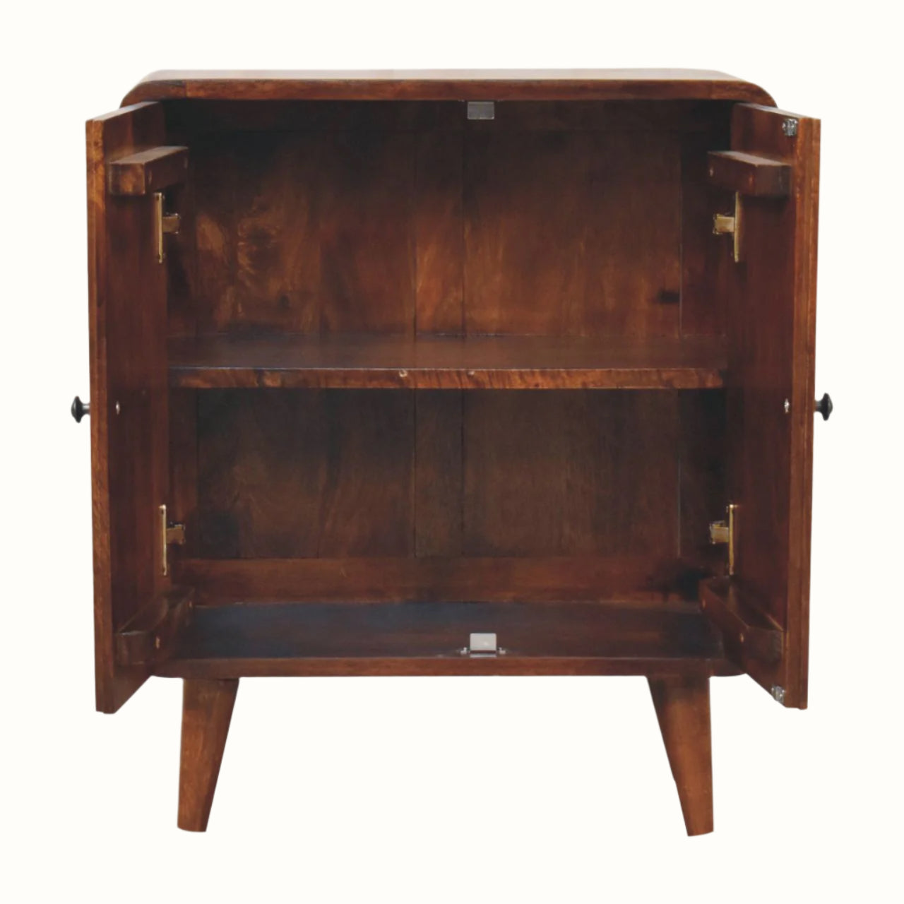 Wooden cabinet with open doors on a white background