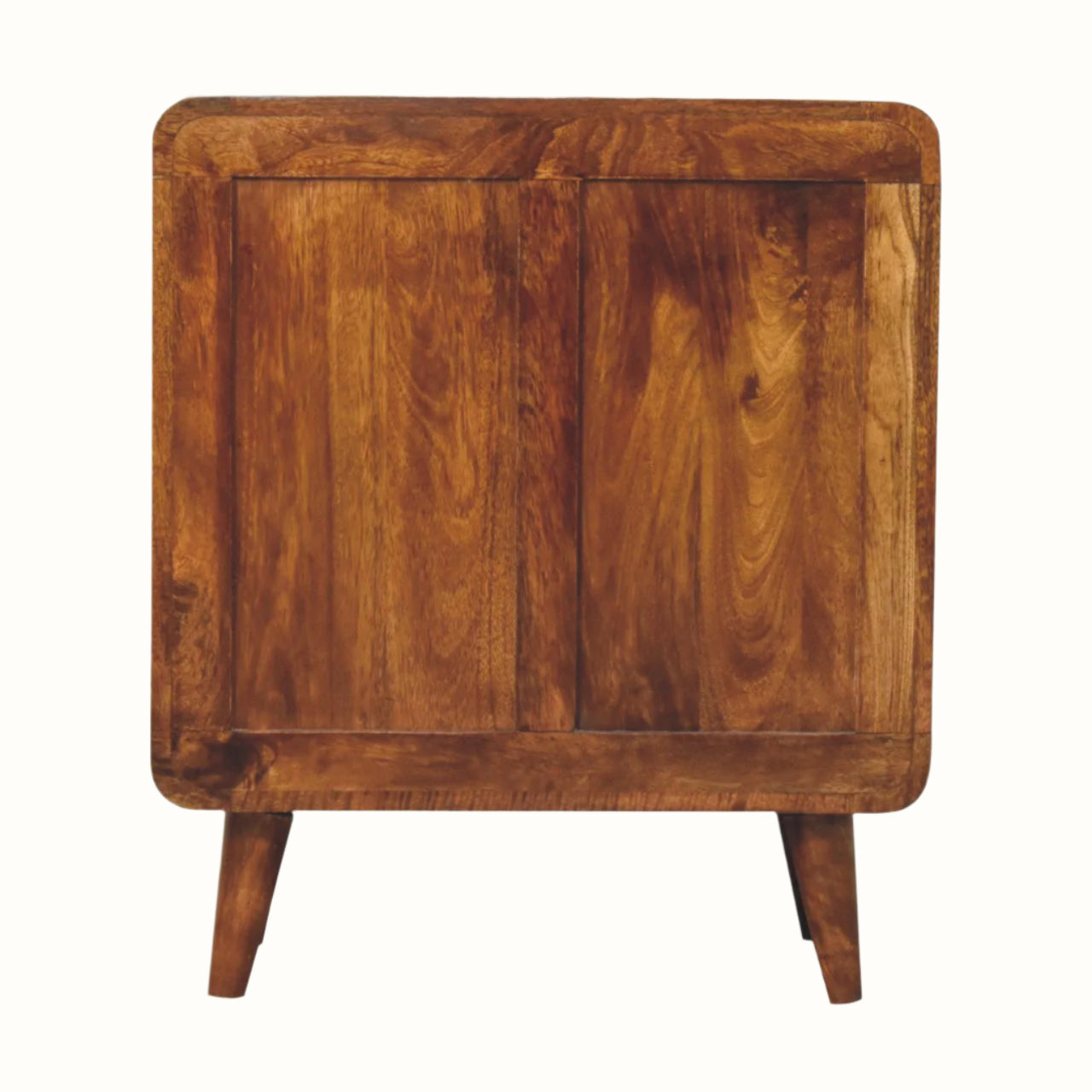 Back of wooden sideboard with a warm brown finish on a white background