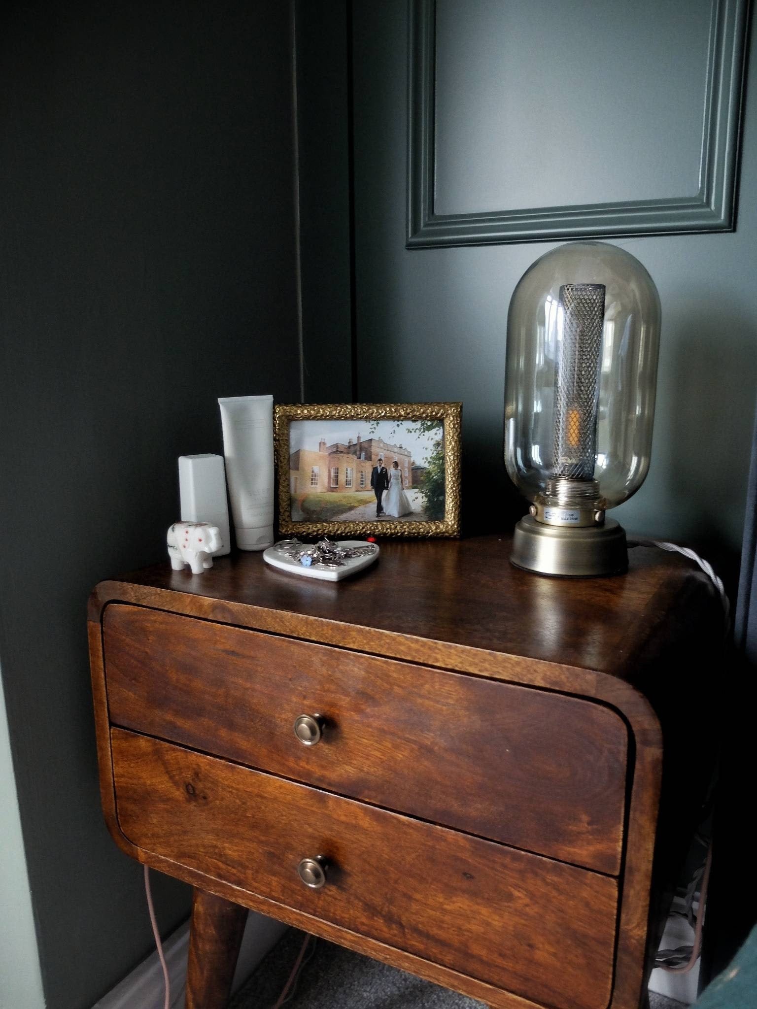 Dark wood curved bedside, Vintage style.