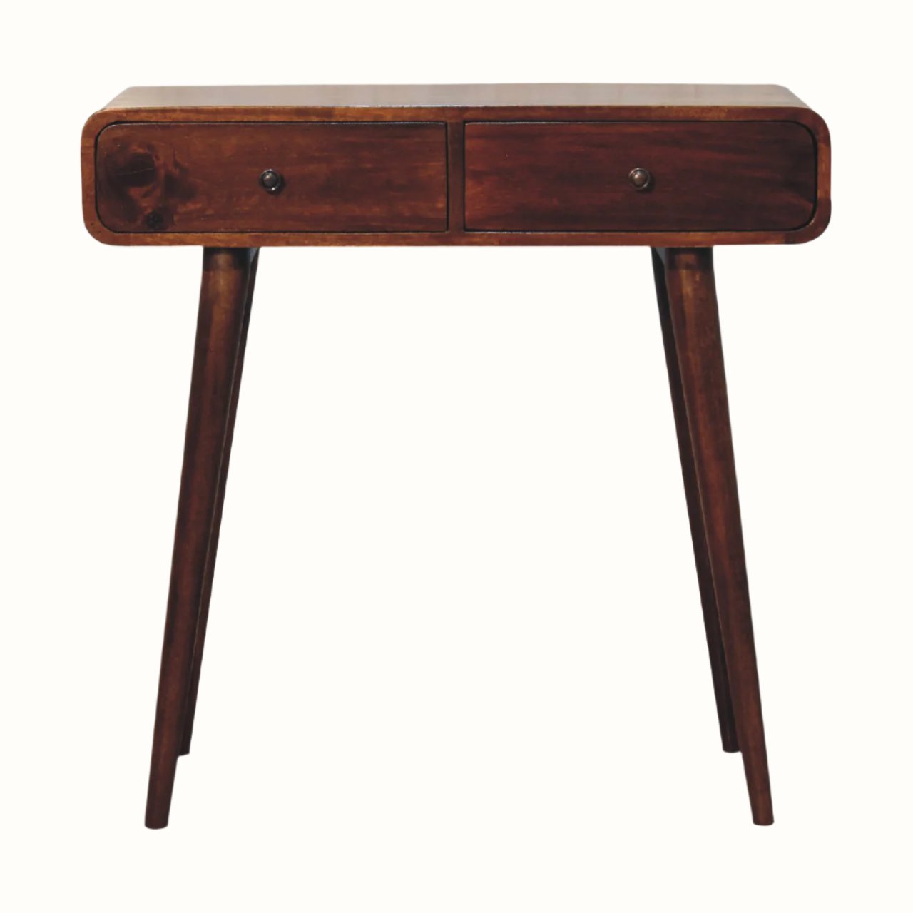 A rectangular chestnut-colored console table with two drawers and brass knobs, featuring long tapered legs.
