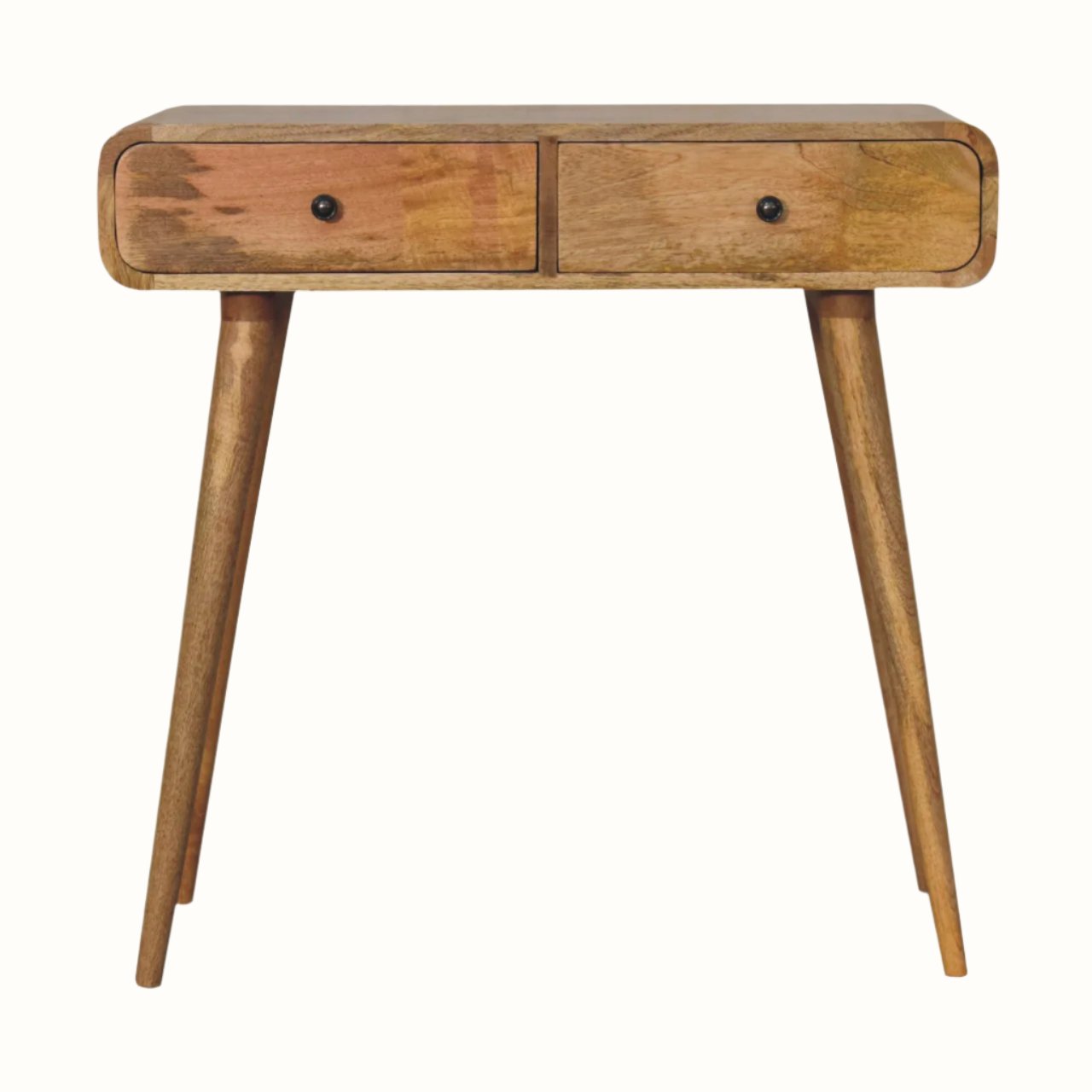 Light brown mango wood console table with curved edges, two drawers, brass knobs, and tapered legs.