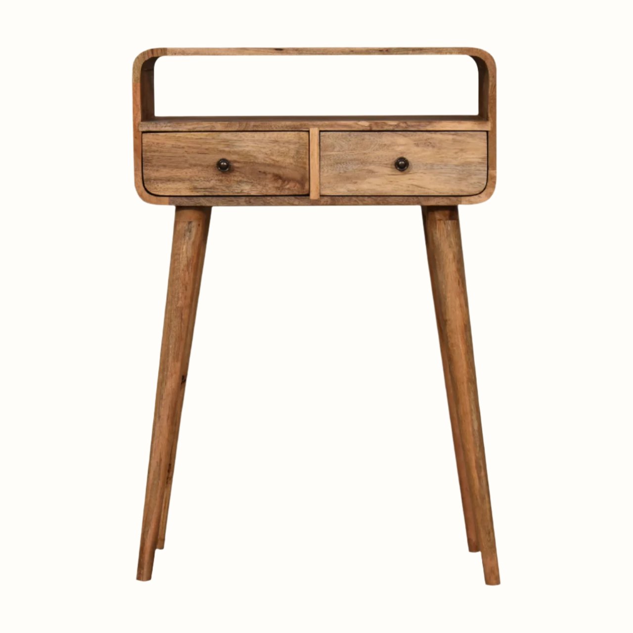A small natural-finished Hamade open console table with two drawers and brass knobs, featuring long tapered legs.