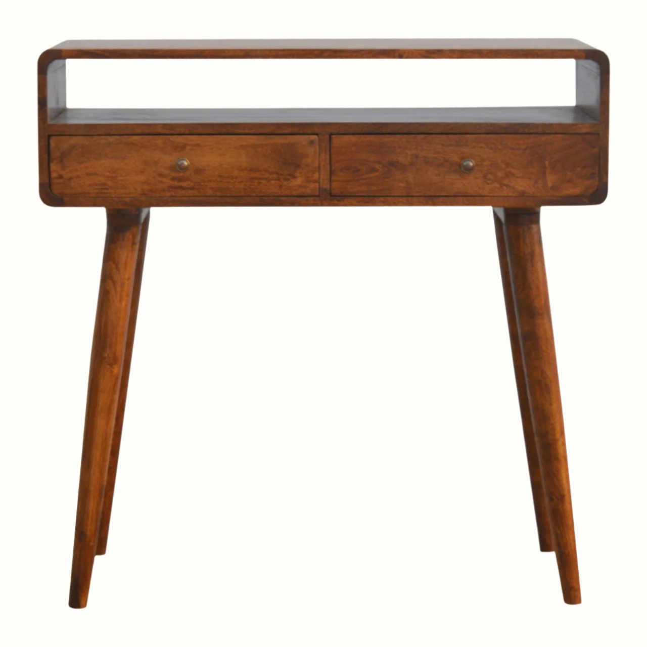 A curved console table with a chestnut finish, featuring brass knobs and long tapered legs.