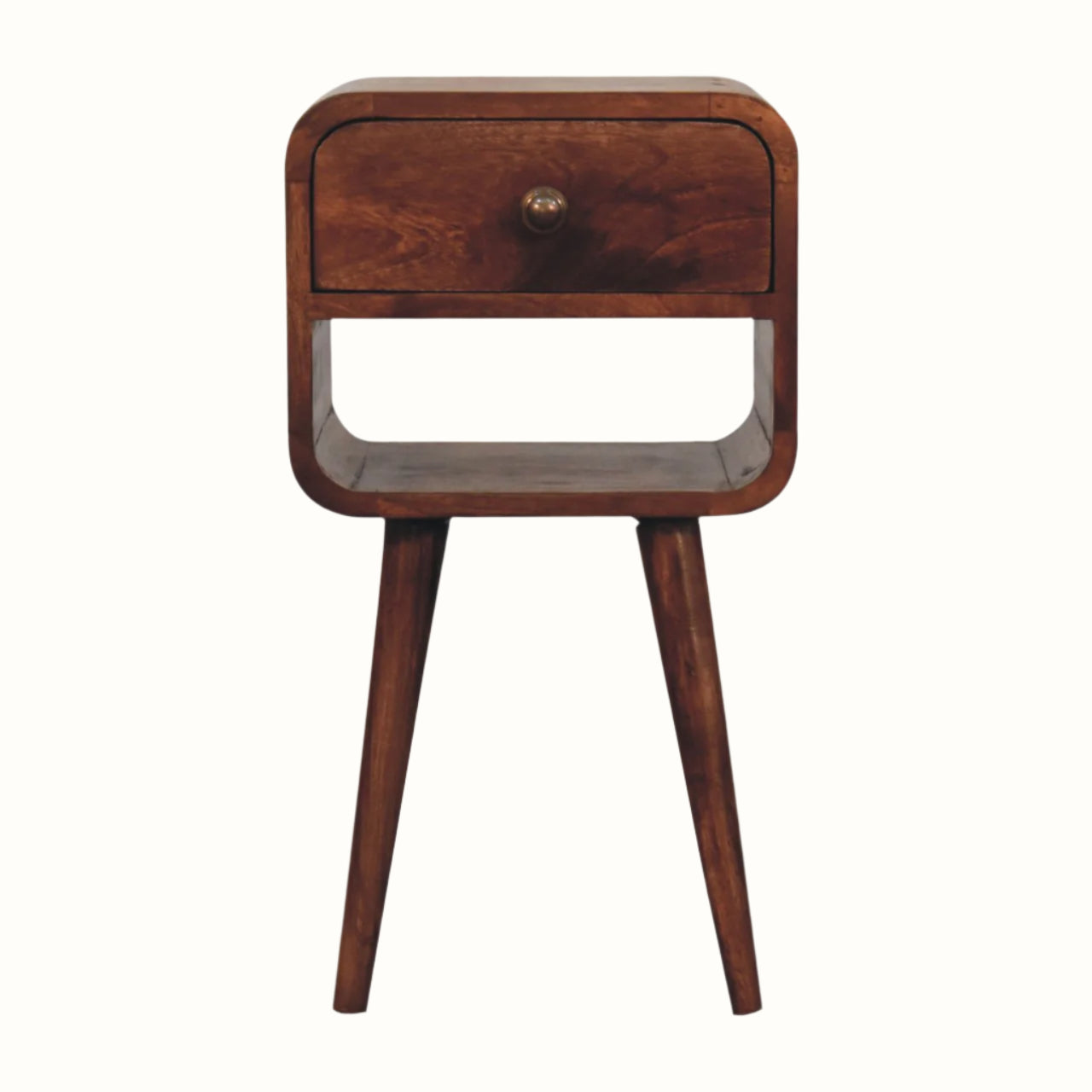 Solid wood bedside table in a medium brown stain, with lower open shelf, and upper drawer with brass knob.