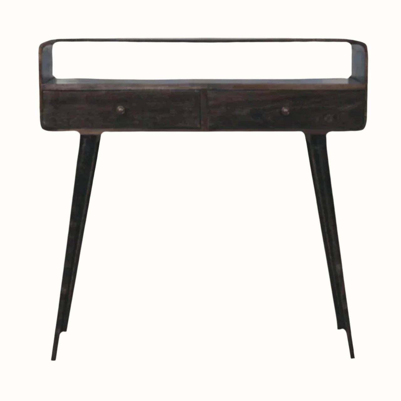A curved wooden console table with a walnut finish, featuring brass knobs and long tapered legs.