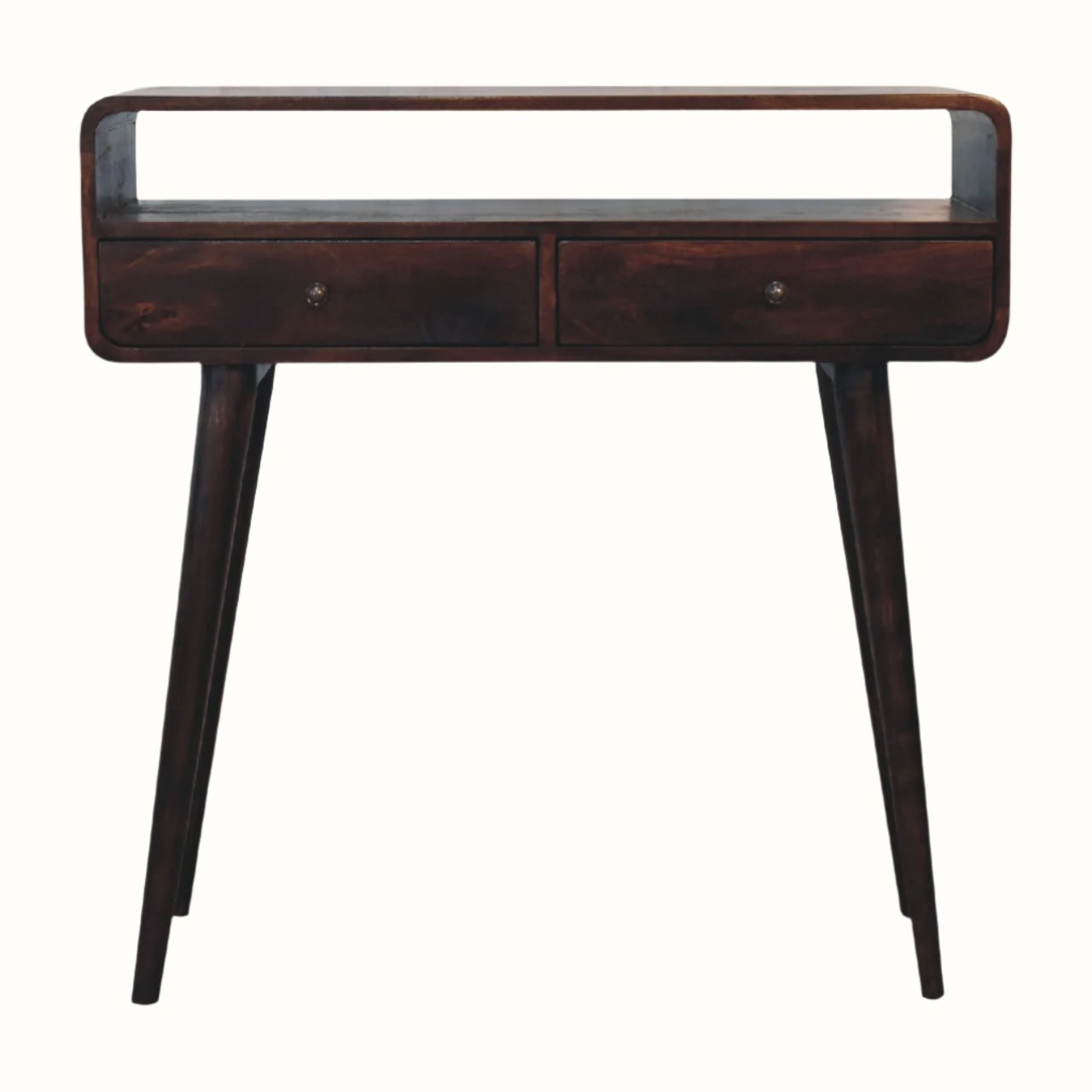 Curved console table, made from wood in a dark brown finish, with two drawers and an open slot shelf.