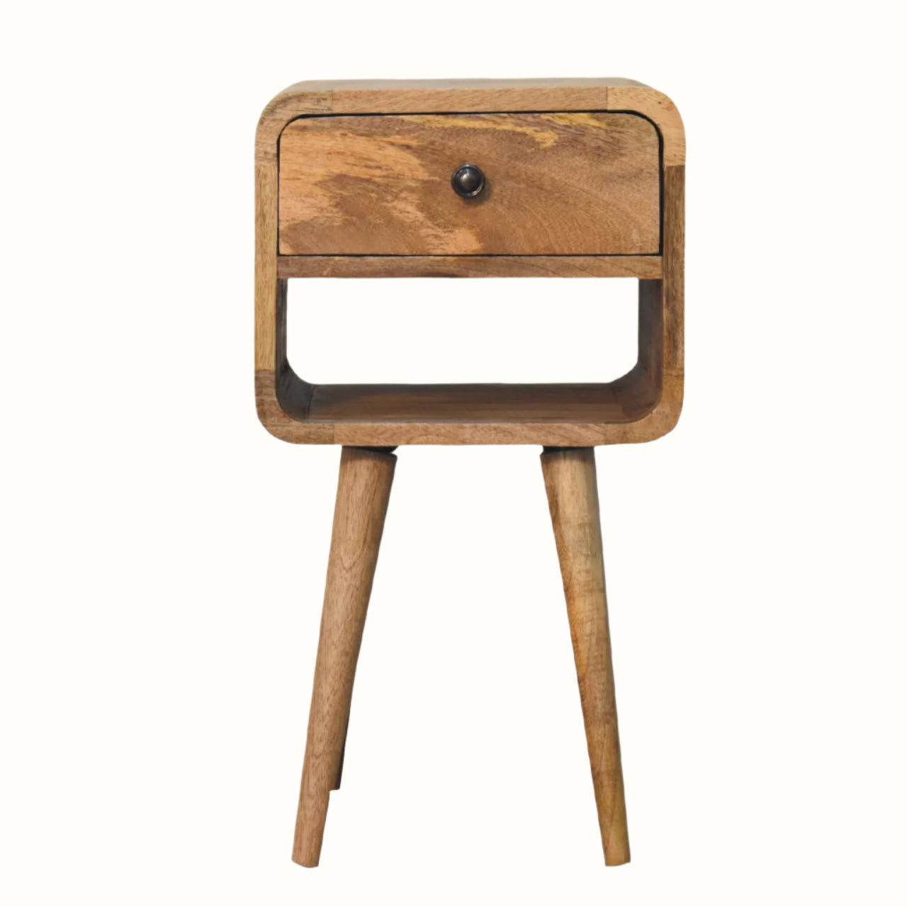 Wooden side table with a single drawer on a white background