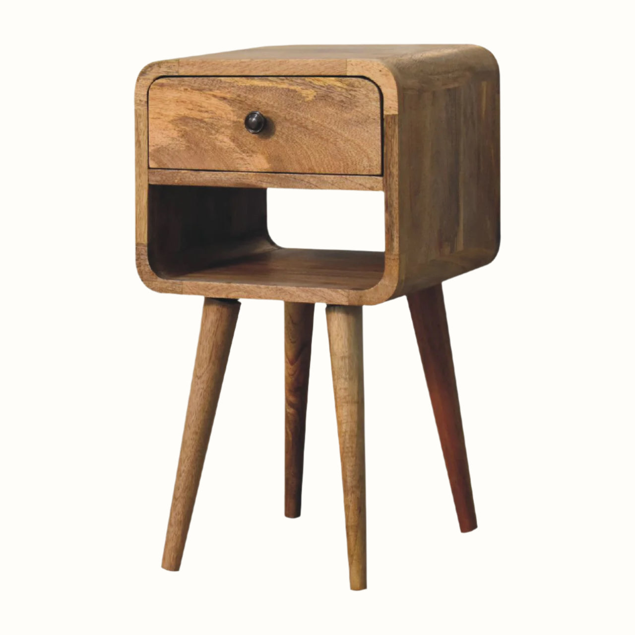 Wooden side table with a drawer on a white background
