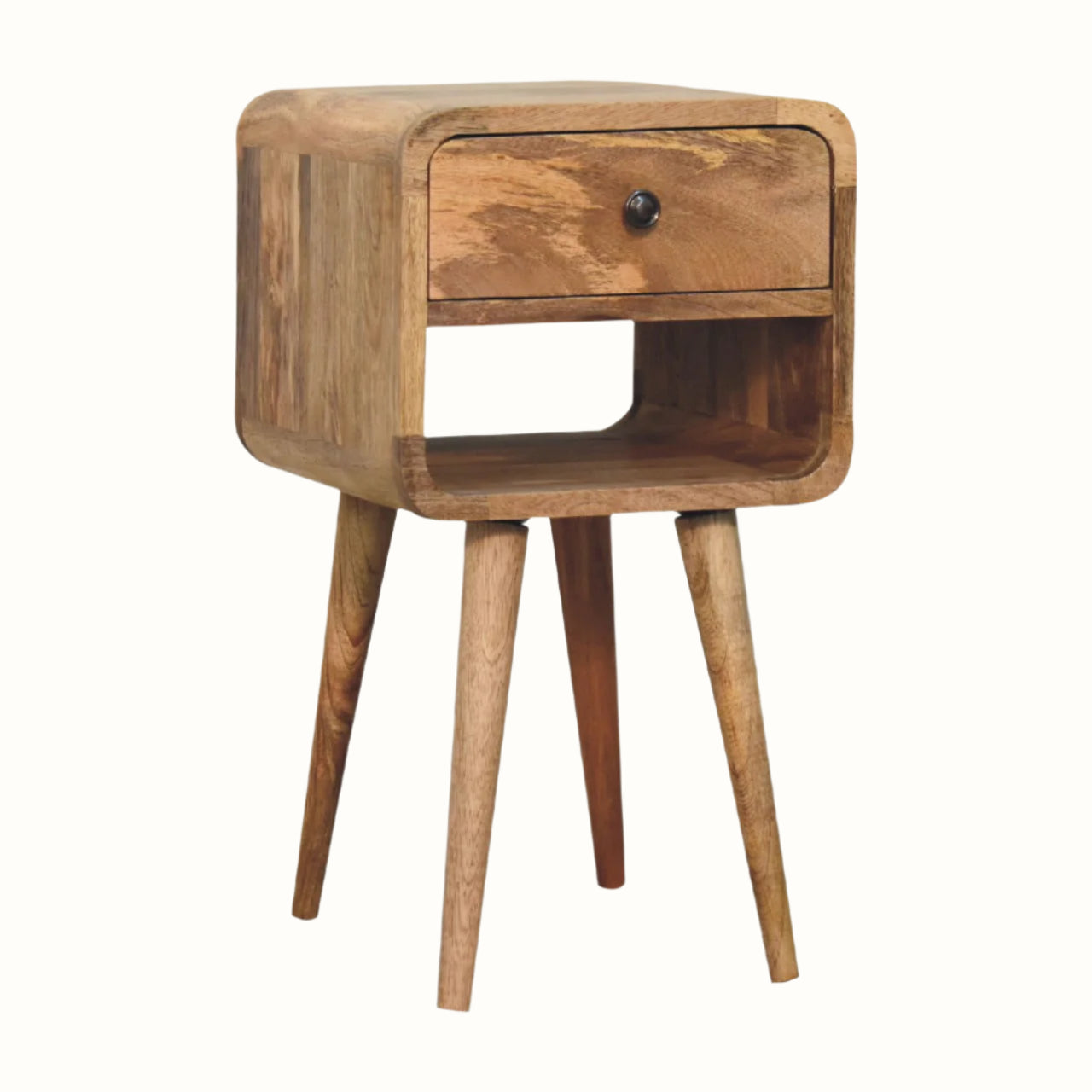 Wooden side table with a drawer on a white background