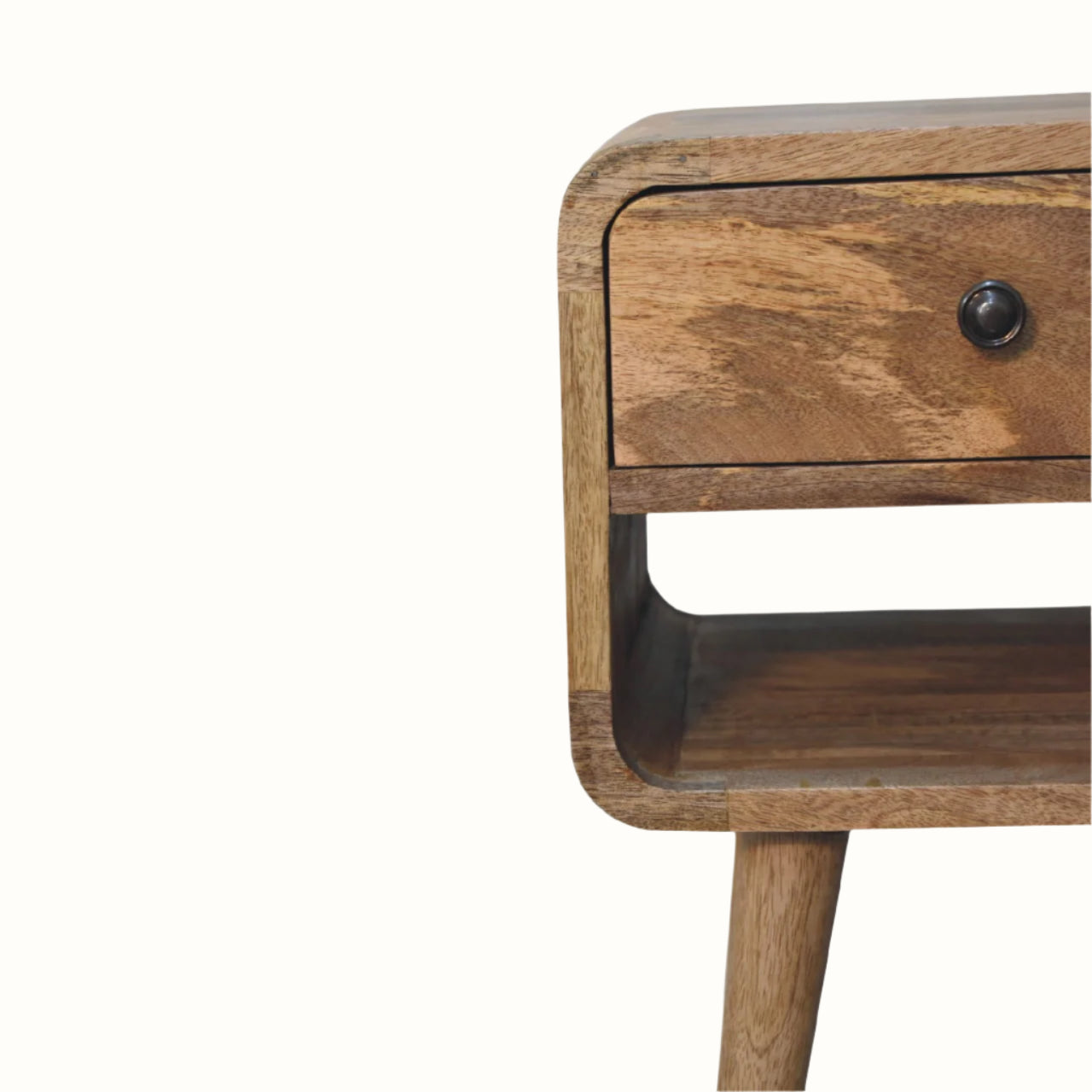 Wooden side table with a drawer on a white background