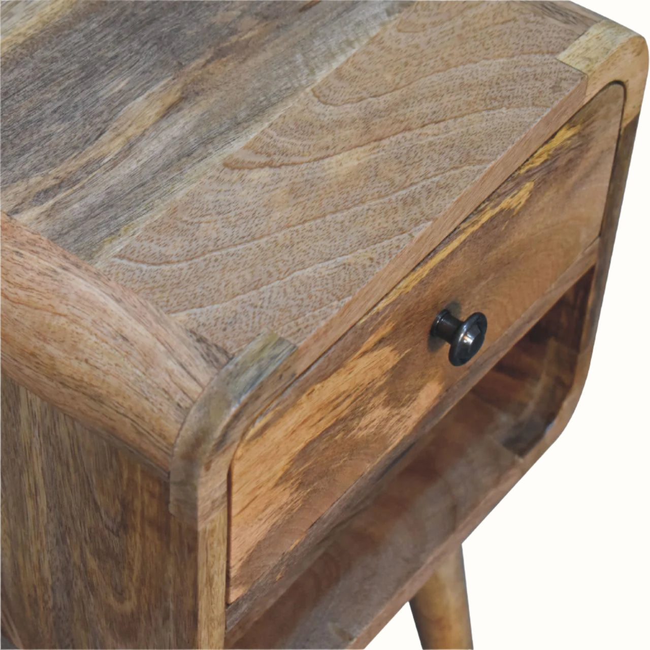 Wooden side table with a drawer and black knob on a white background