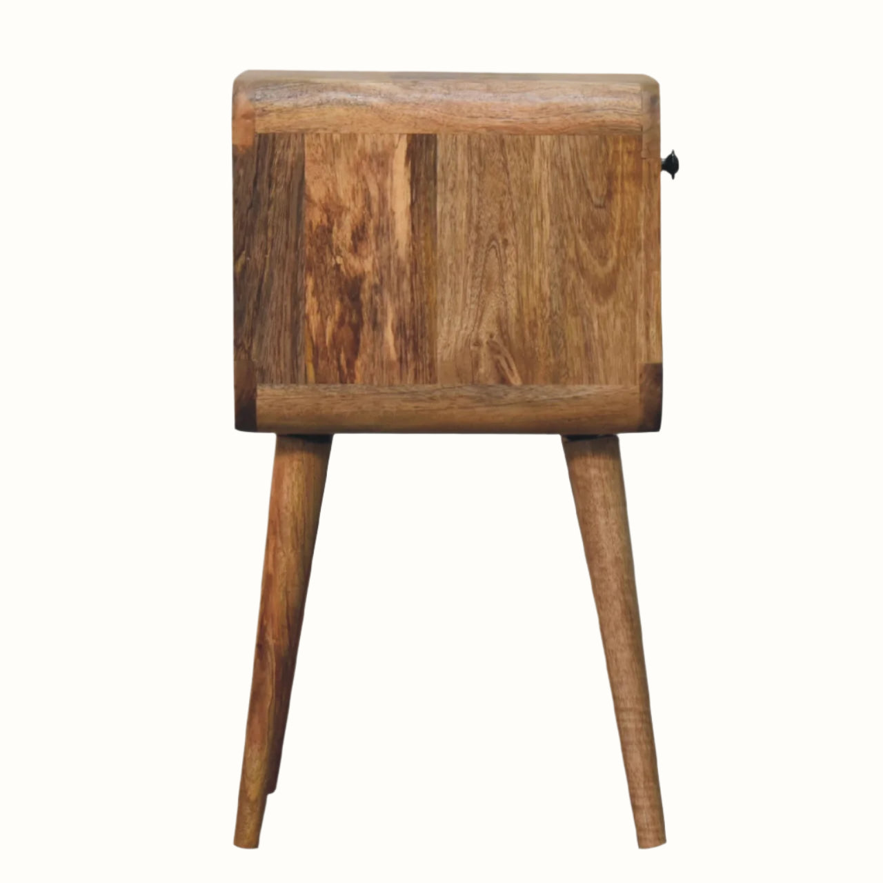 Side angle of wooden bedside table with a rustic finish on a white background