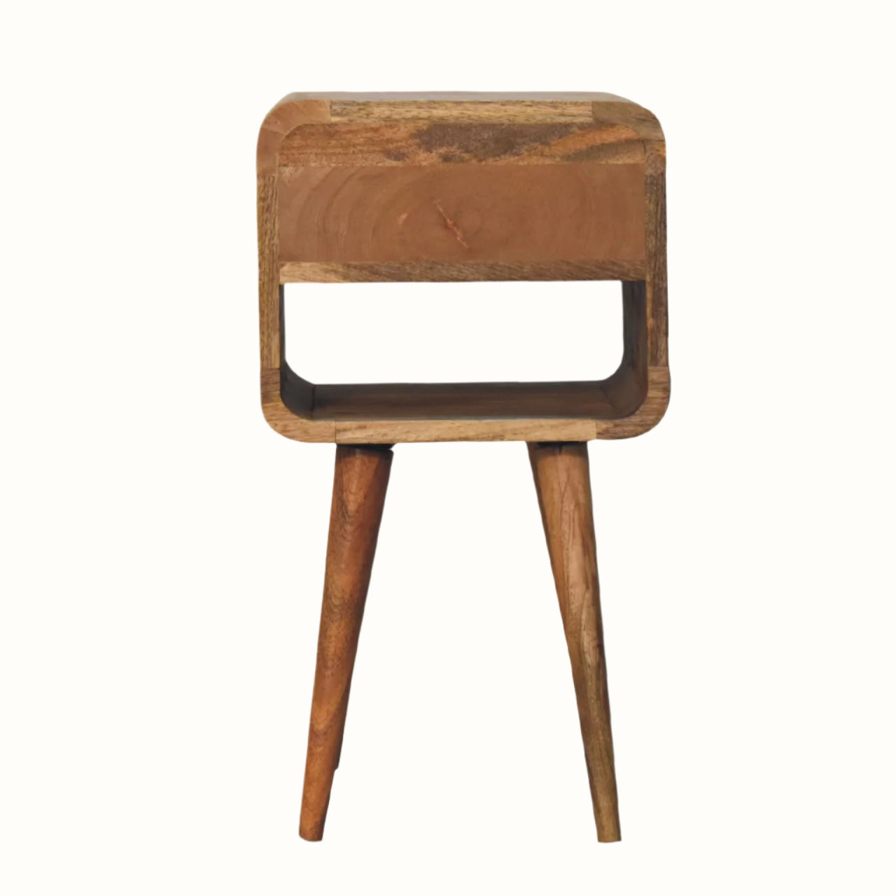 Wooden side table with a single drawer on a white background