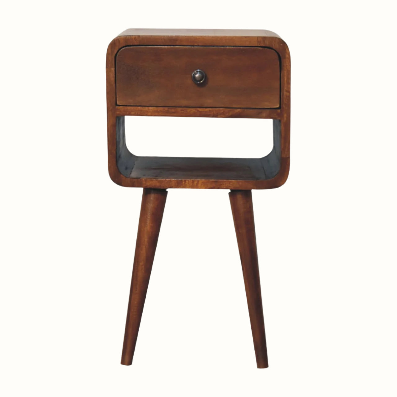 Wooden side table with a single drawer on a white background