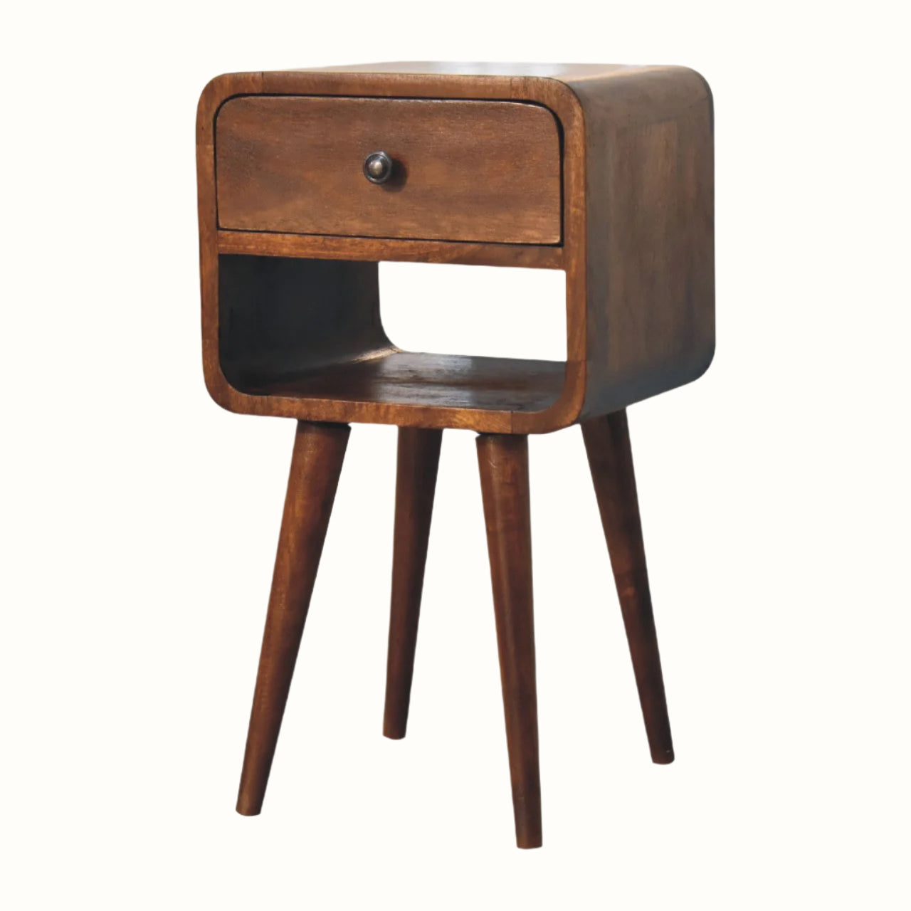 Wooden side table with a single drawer on a white background