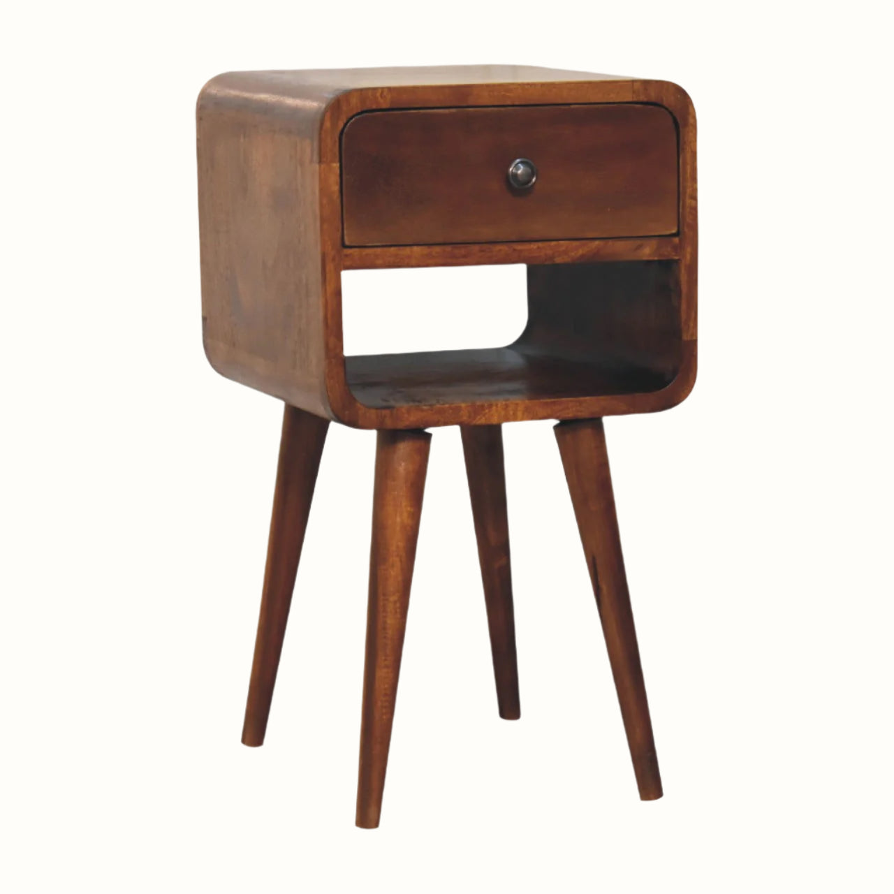 Wooden side table with a drawer on a white background